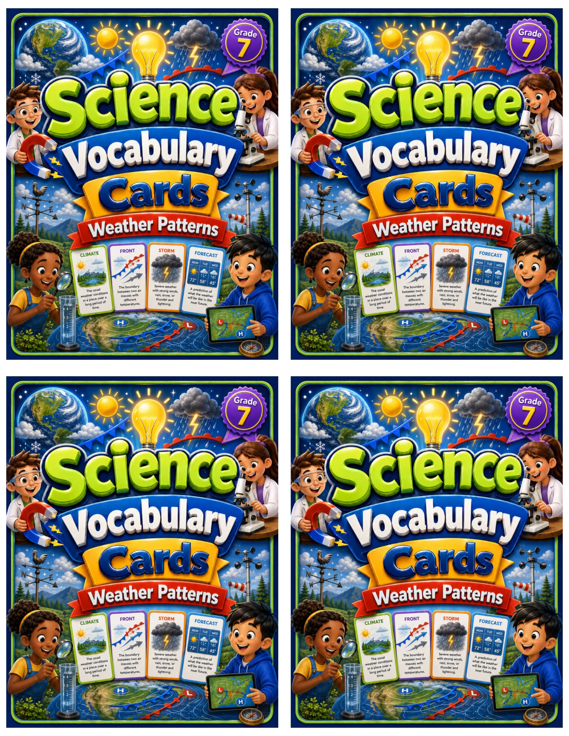 Grade 7 Science Vocabulary Cards | Weather Patterns | Air Masses, Fronts & Atmospheric Energy