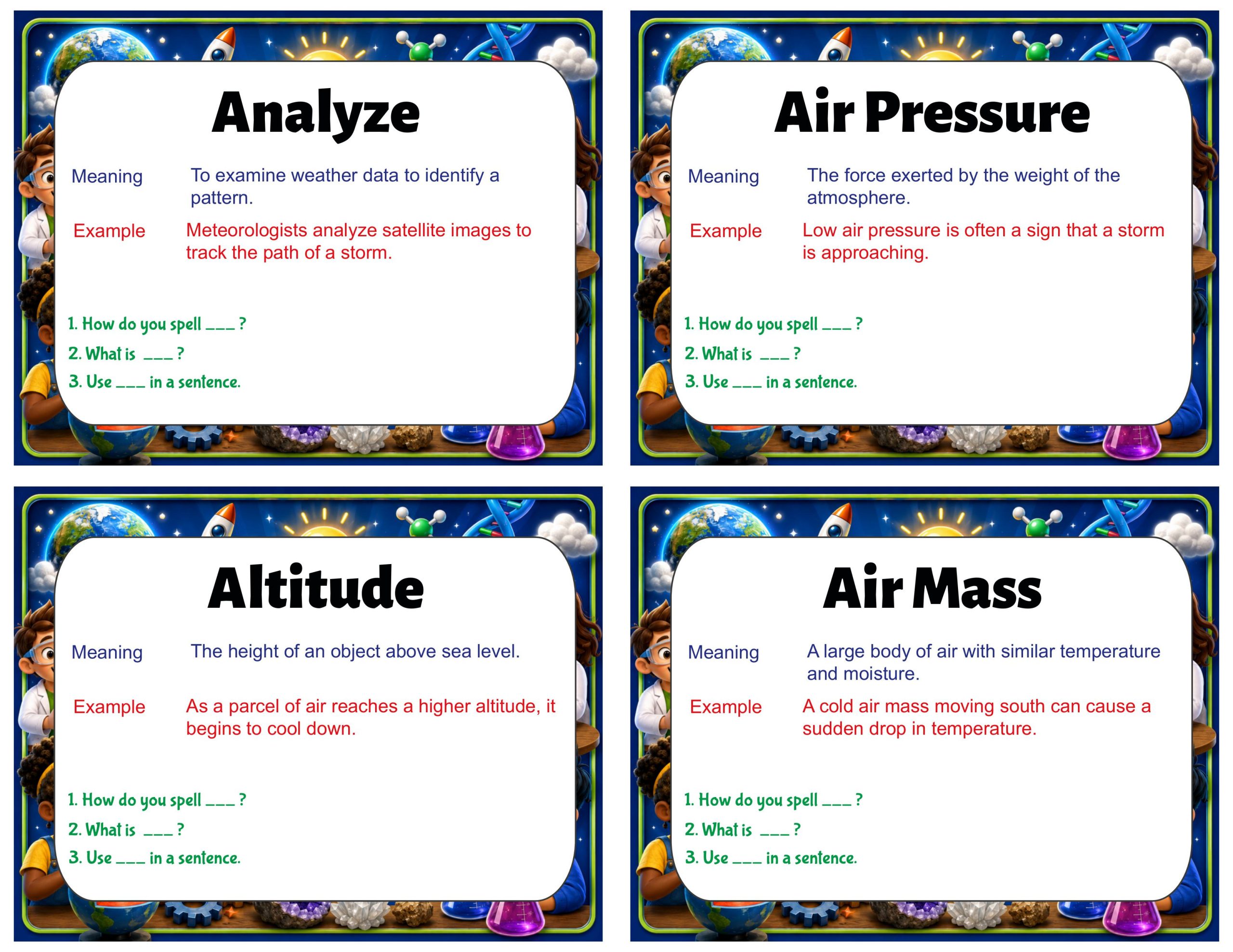 Grade 7 Science Vocabulary Cards | Weather Patterns | Air Masses, Fronts & Atmospheric Energy