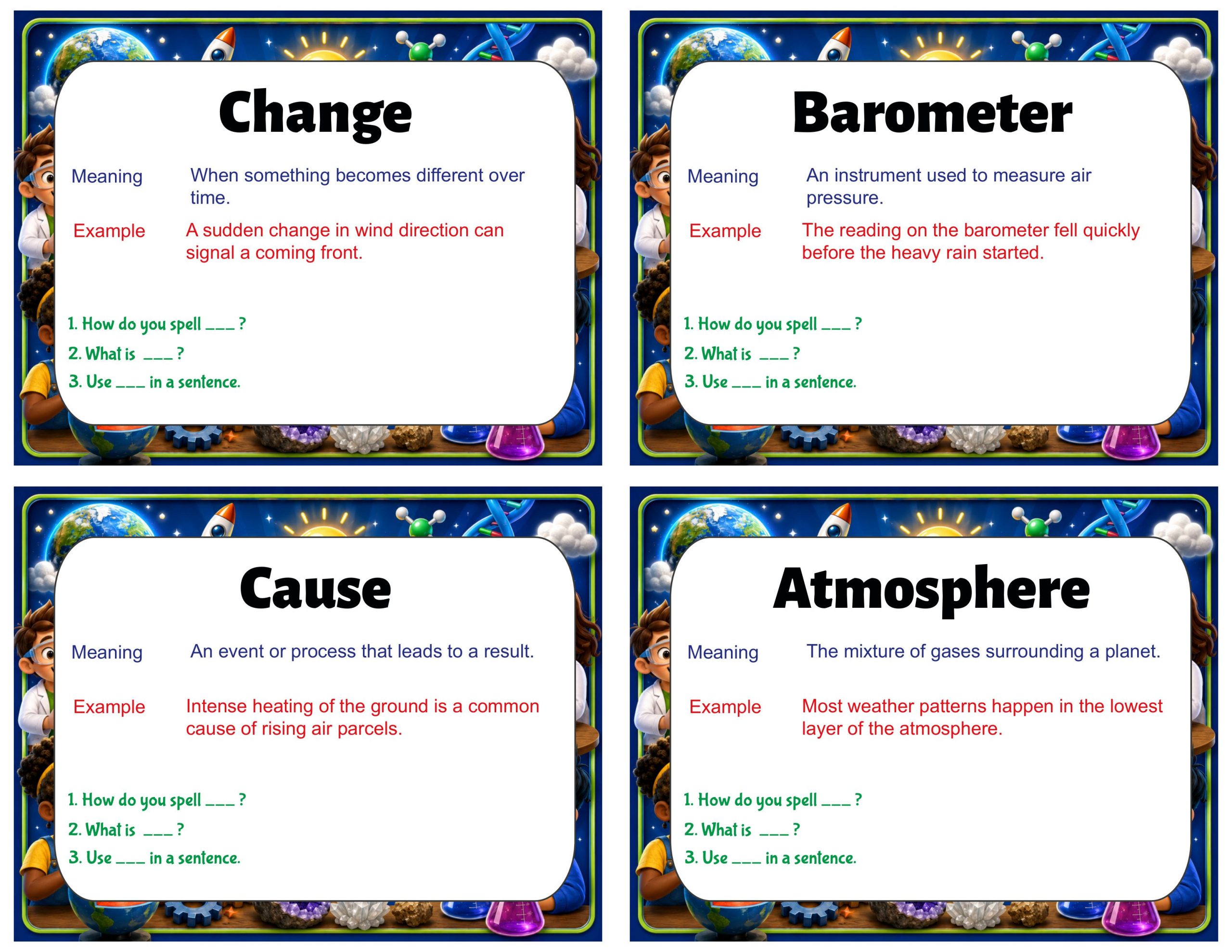 Grade 7 Science Vocabulary Cards | Weather Patterns | Air Masses, Fronts & Atmospheric Energy