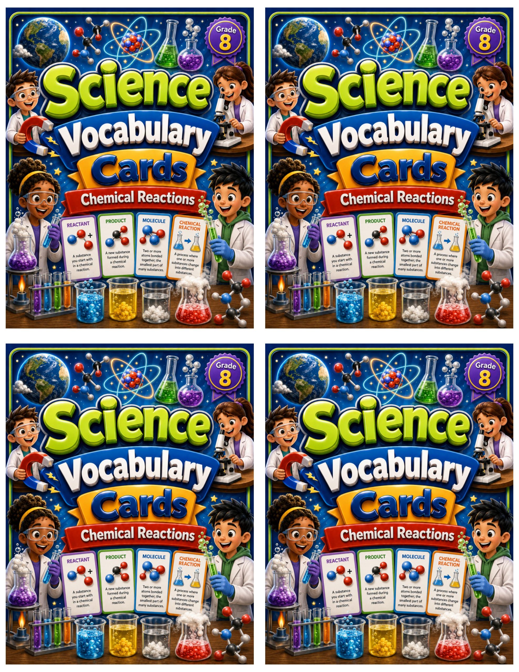 Grade 8 Science Vocabulary Cards | Chemical Reactions | Atoms, Molecules & Conservation of Matter
