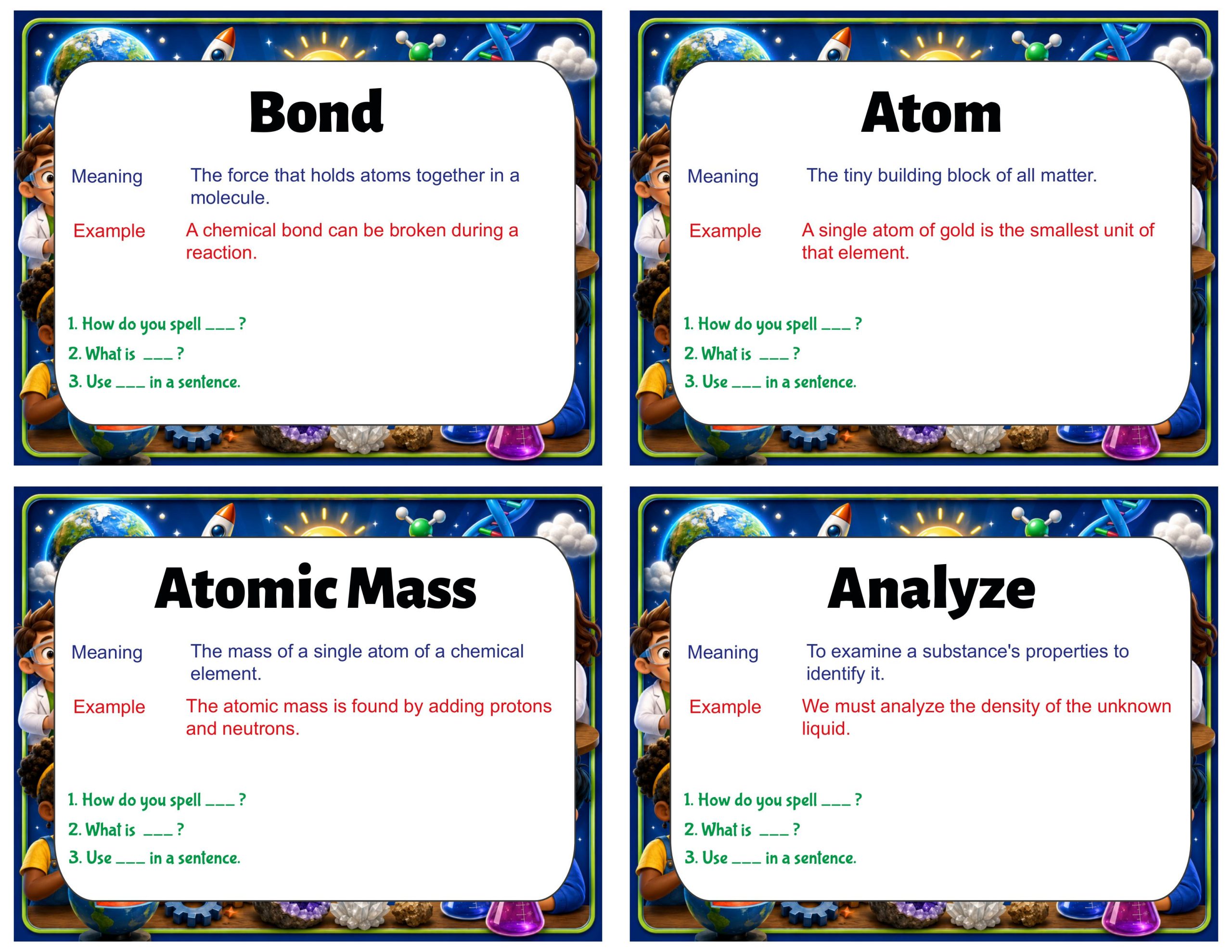 Grade 8 Science Vocabulary Cards | Chemical Reactions | Atoms, Molecules & Conservation of Matter
