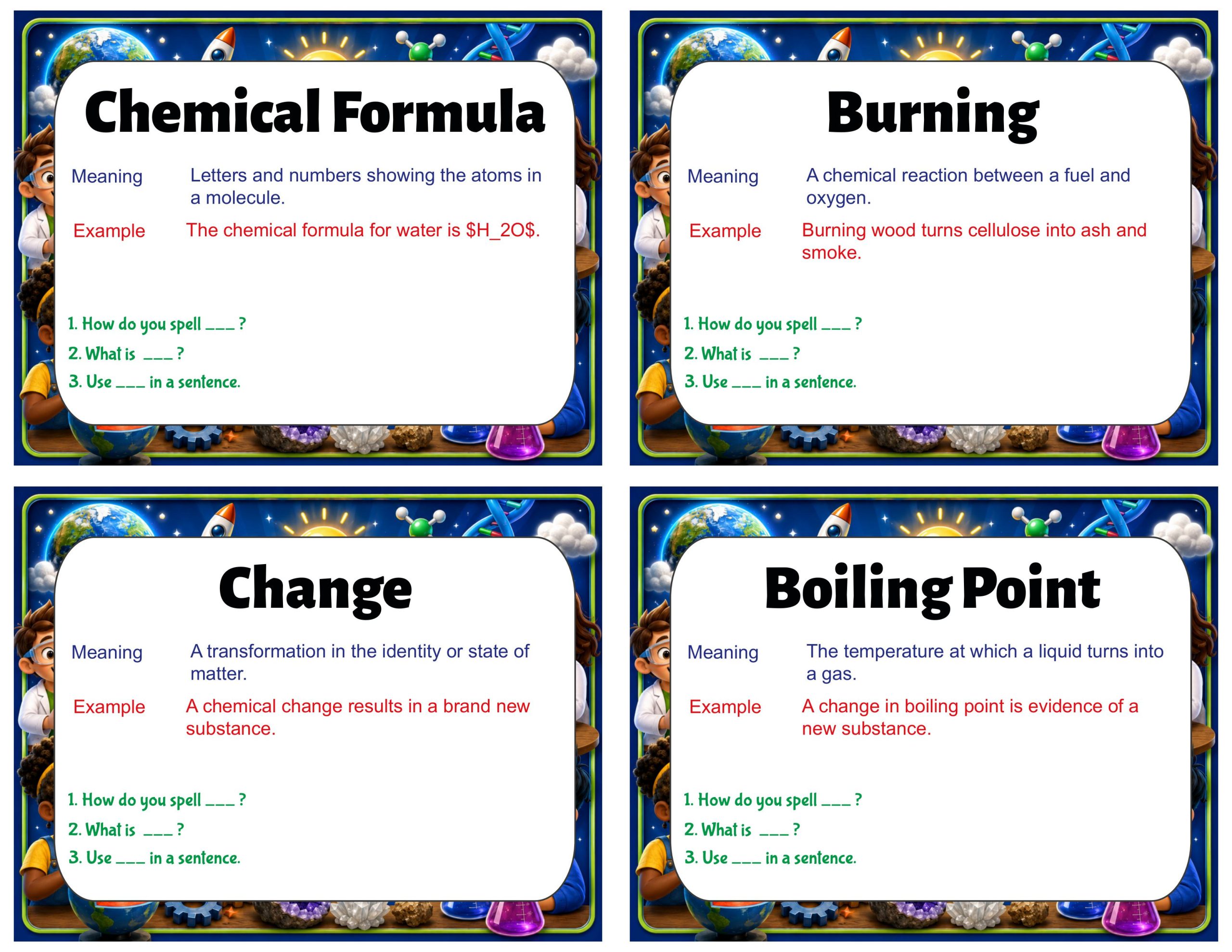 Grade 8 Science Vocabulary Cards | Chemical Reactions | Atoms, Molecules & Conservation of Matter