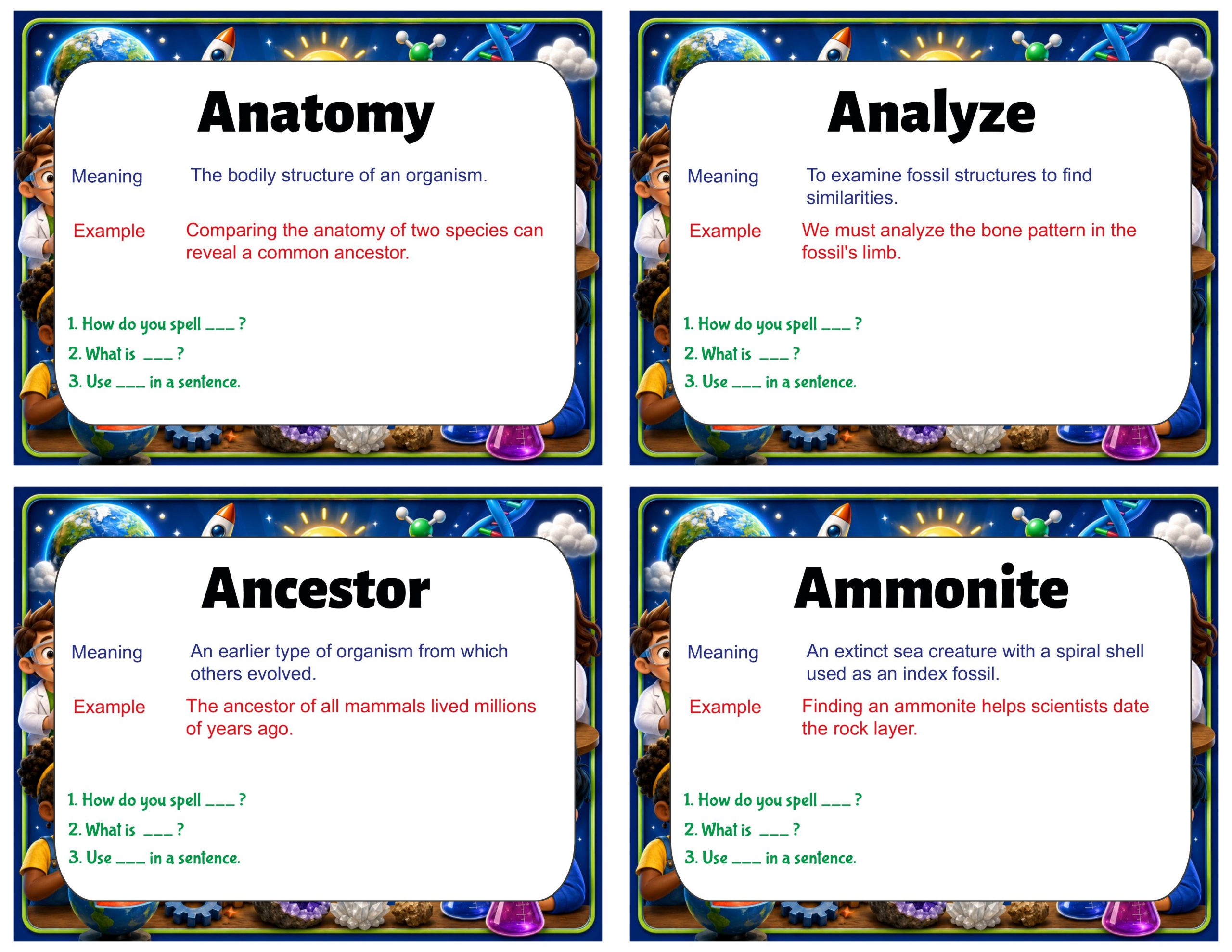Grade 8 Science Vocabulary Cards | Evolutionary History | Fossils, Common Ancestry & Evolution