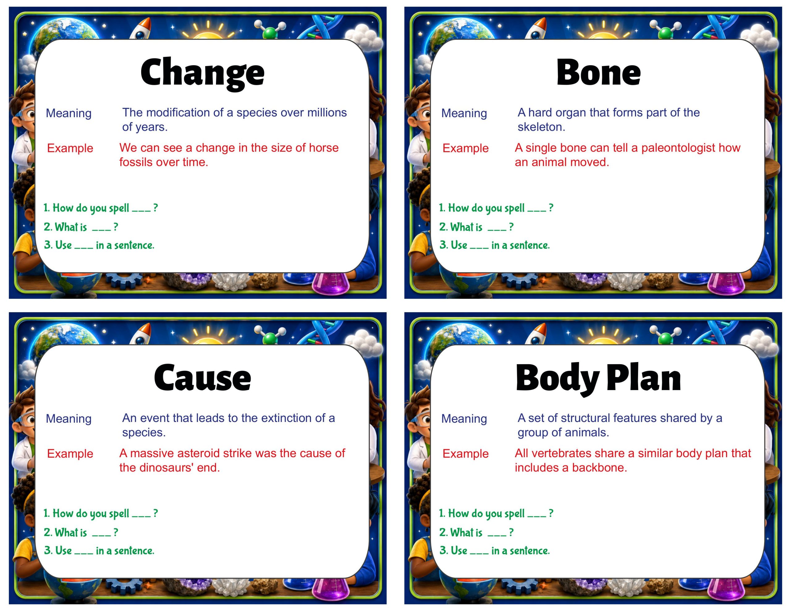 Grade 8 Science Vocabulary Cards | Evolutionary History | Fossils, Common Ancestry & Evolution