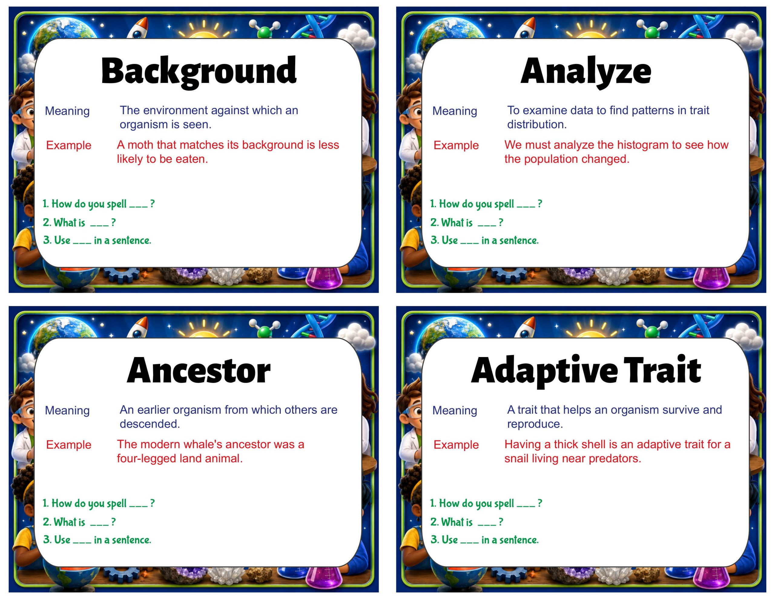 Grade 8 Science Vocabulary Cards | Natural Selection | Adaptations, Traits & Evolution