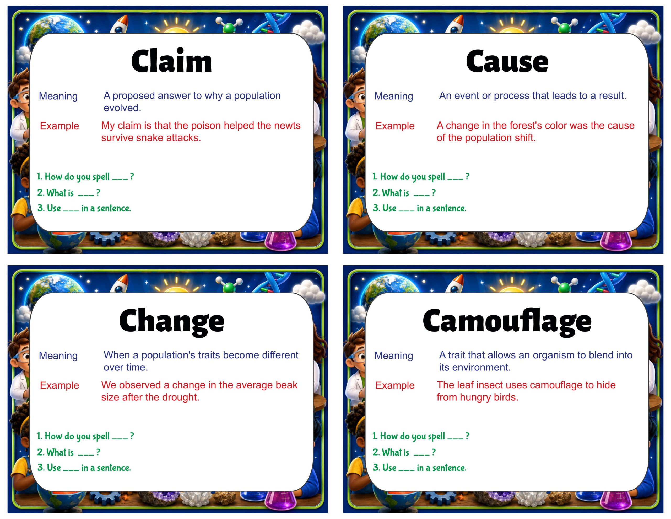 Grade 8 Science Vocabulary Cards | Natural Selection | Adaptations, Traits & Evolution