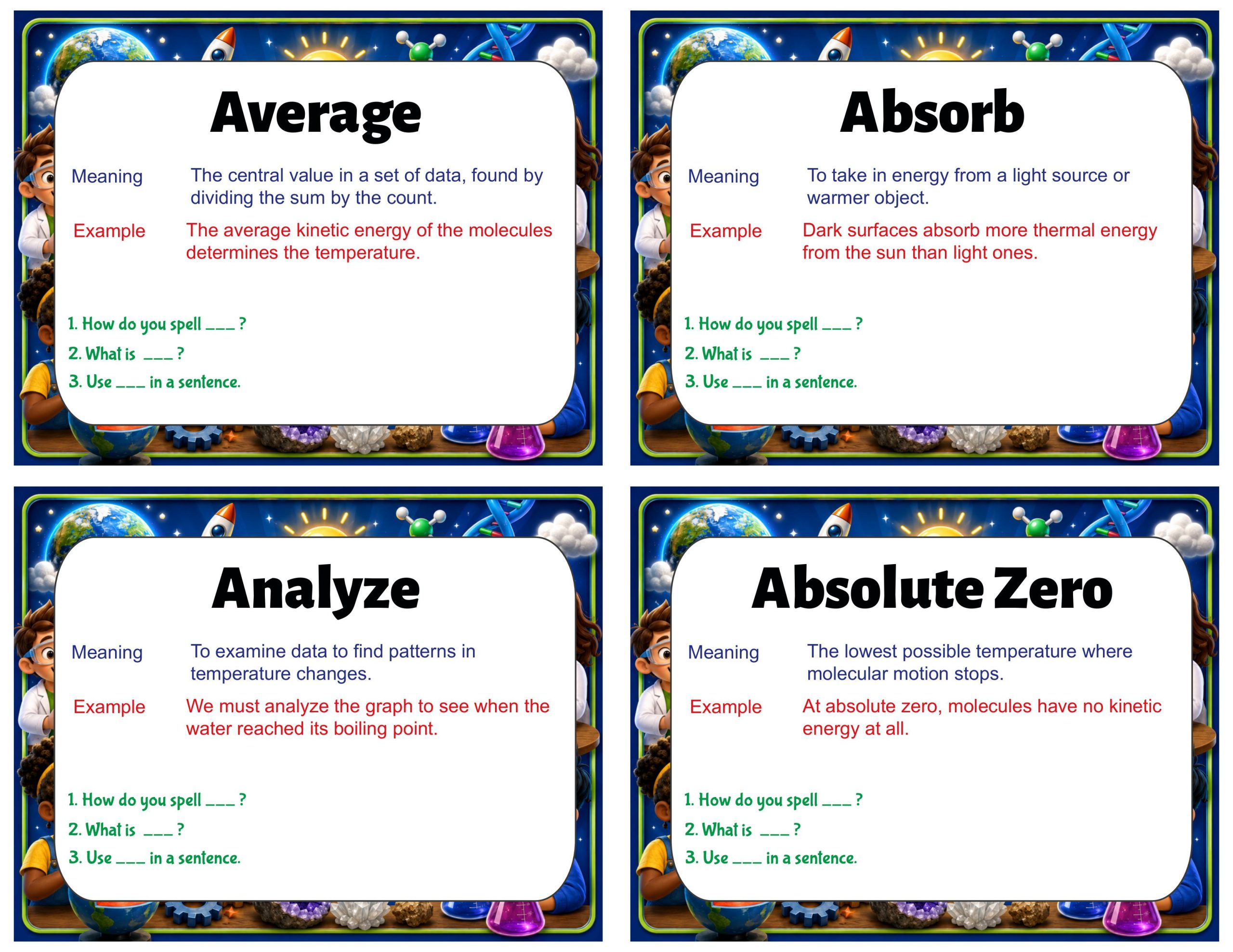 Grade 8 Science Vocabulary Cards | Thermal Energy | Heat Transfer, Conduction & Convection