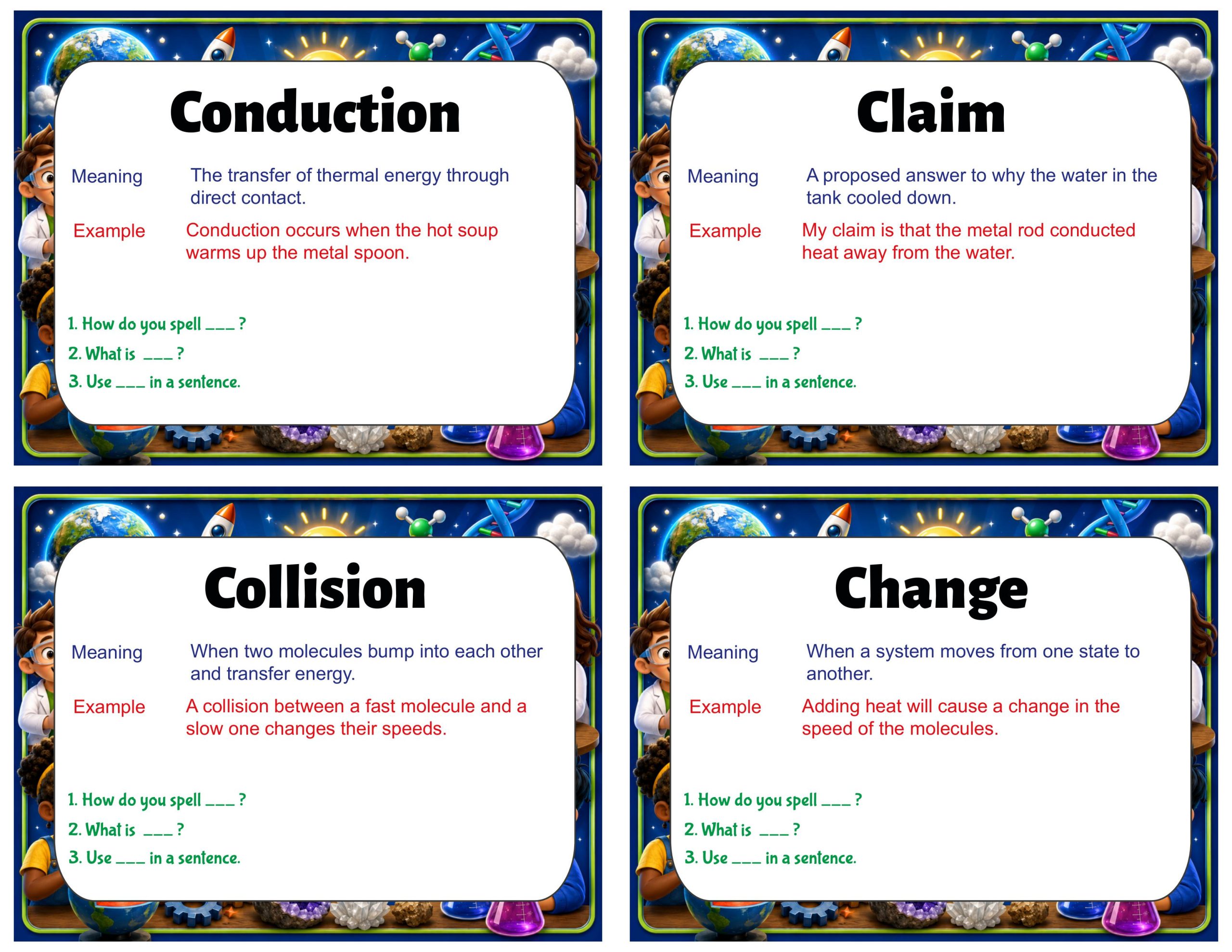 Grade 8 Science Vocabulary Cards | Thermal Energy | Heat Transfer, Conduction & Convection