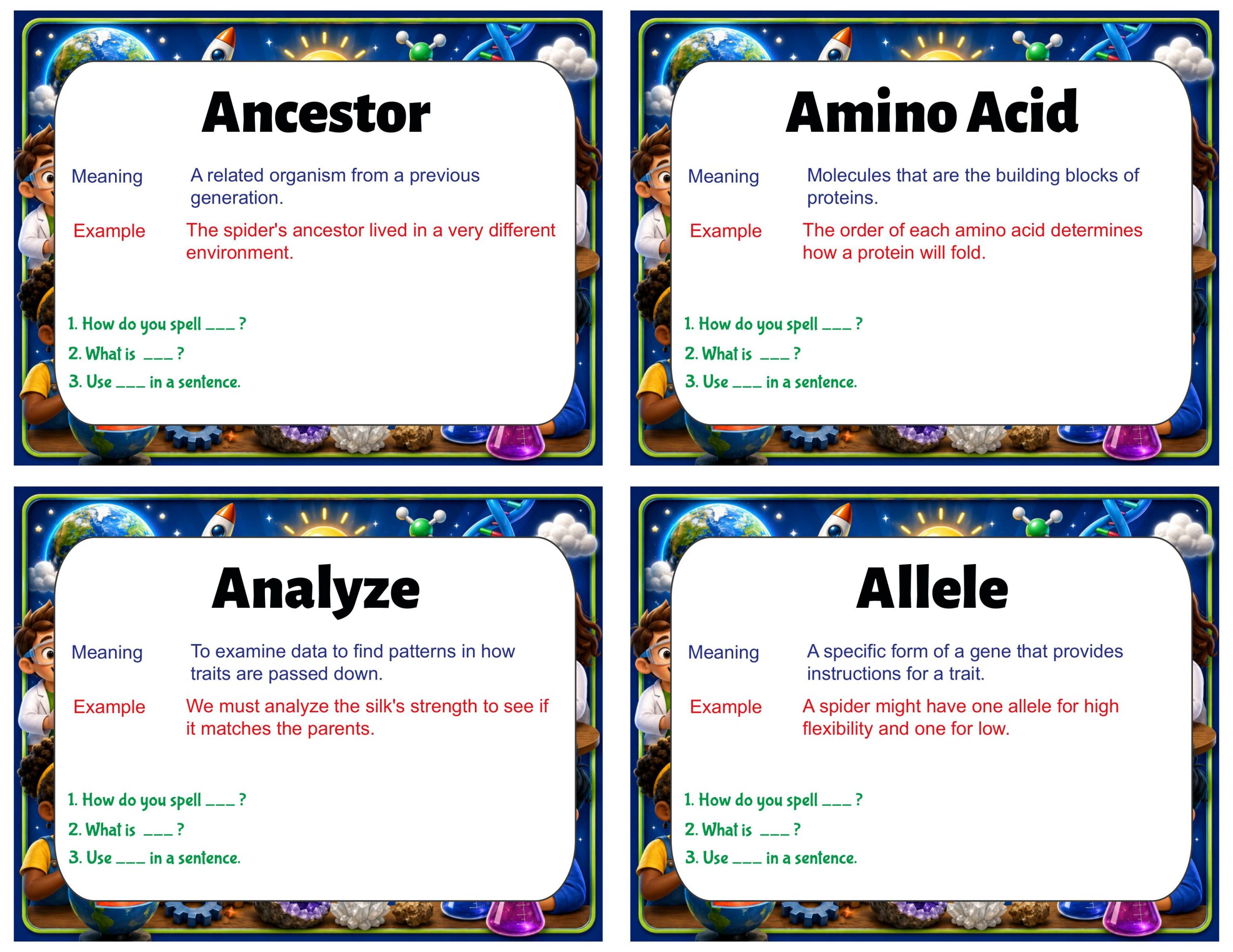 Grade 8 Science Vocabulary Cards | Traits and Reproduction | Genetics, Heredity & Inheritance