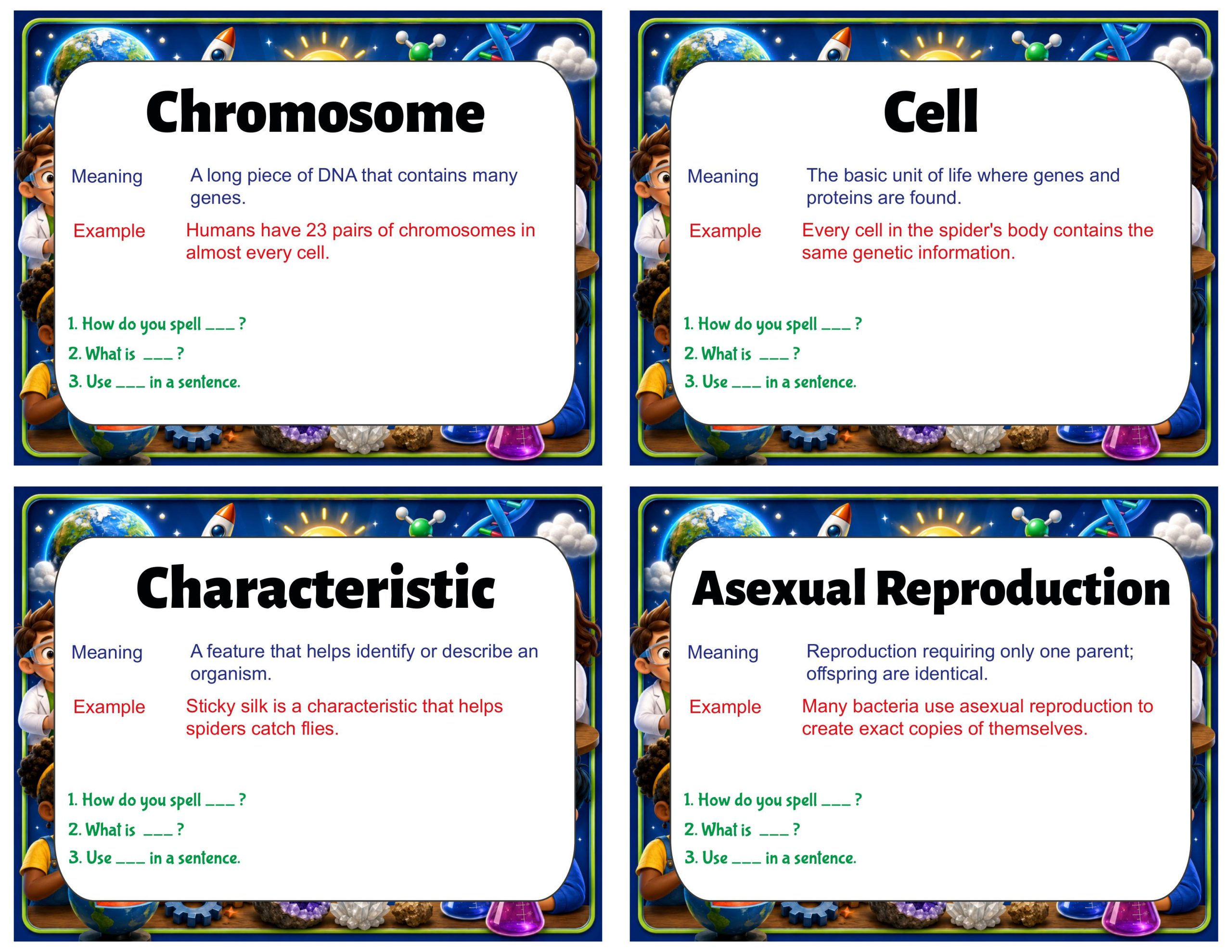 Grade 8 Science Vocabulary Cards | Traits and Reproduction | Genetics, Heredity & Inheritance
