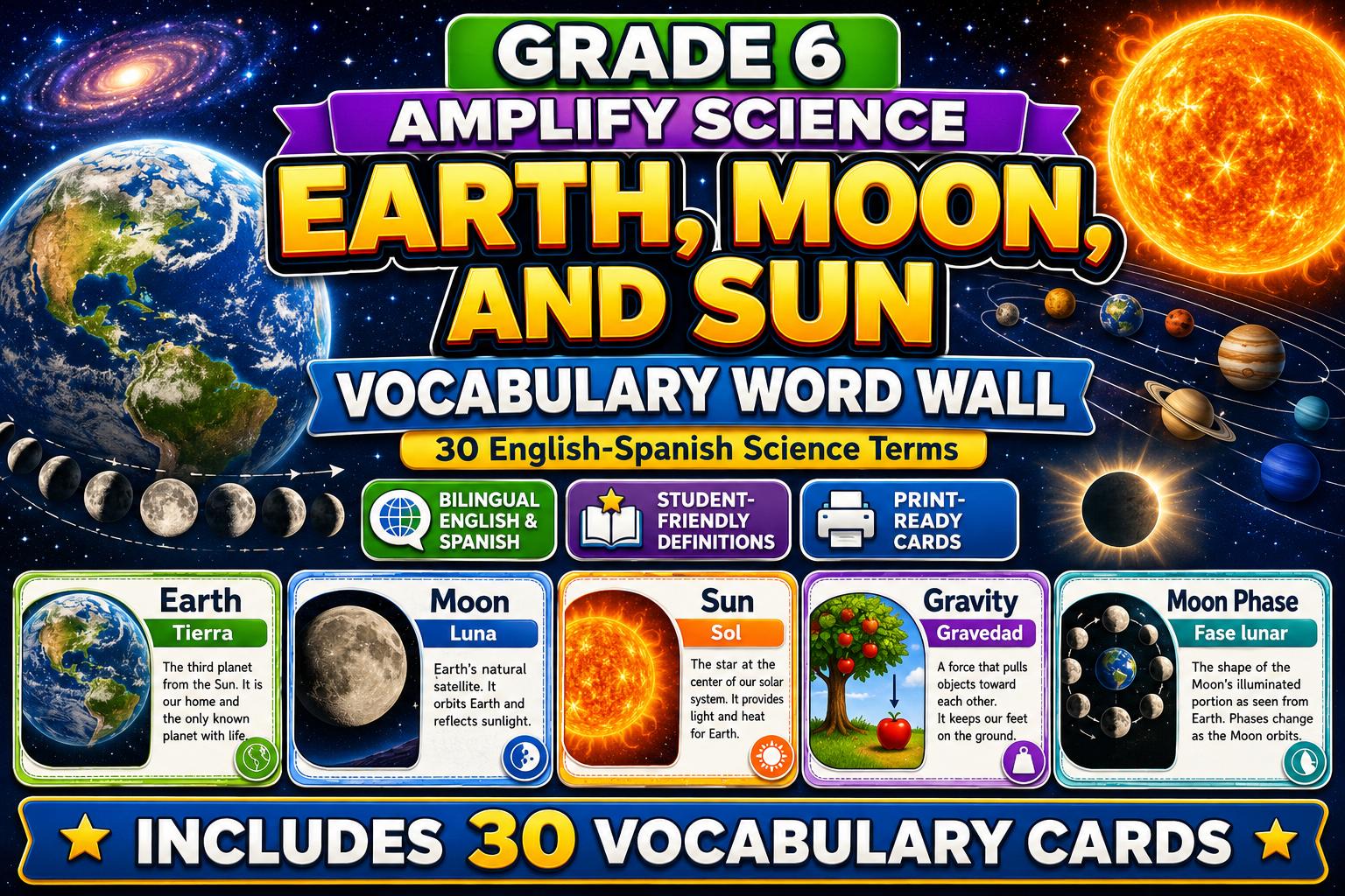Grade 6 Science Earth, Moon, and Sun Word Wall cover