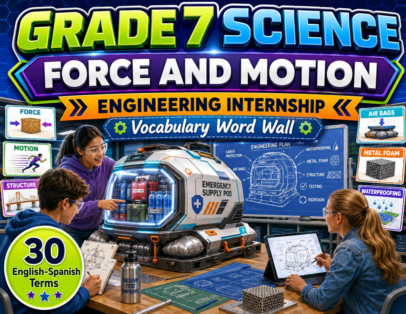Grade 7 Science Force and Motion Engineering Internship Word Wall cover