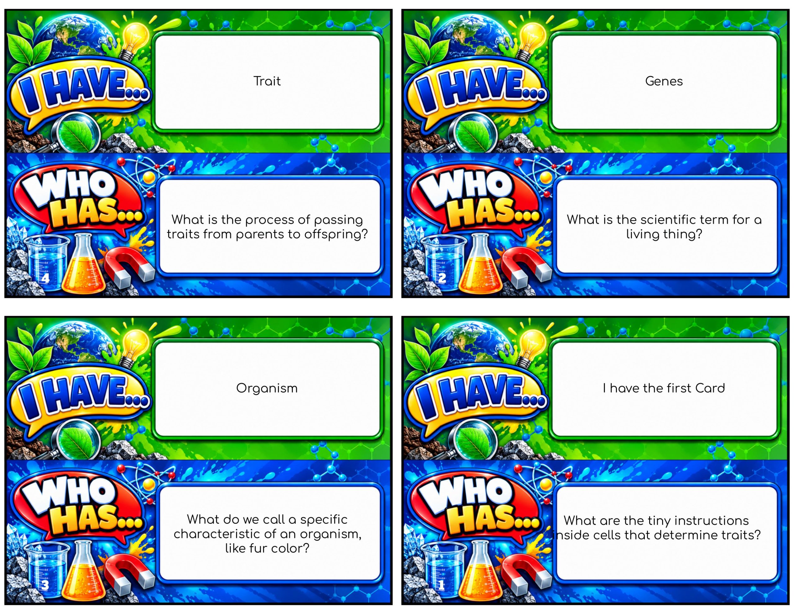 I Have... Who Has...? – Inheritance and Traits | 4 Interactive Science Review Games – 100 Cards