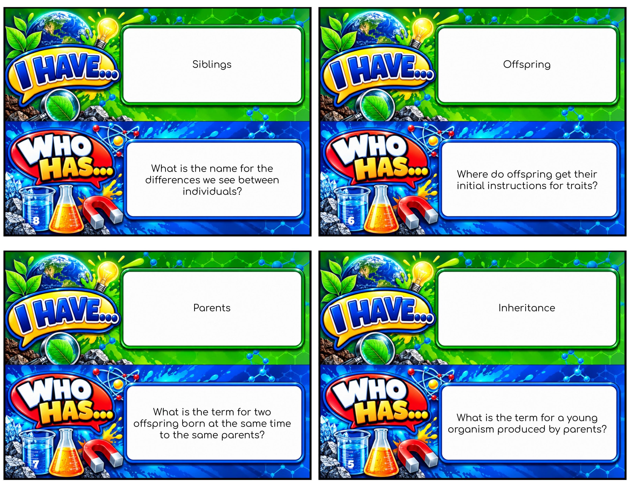 I Have... Who Has...? – Inheritance and Traits | 4 Interactive Science Review Games – 100 Cards