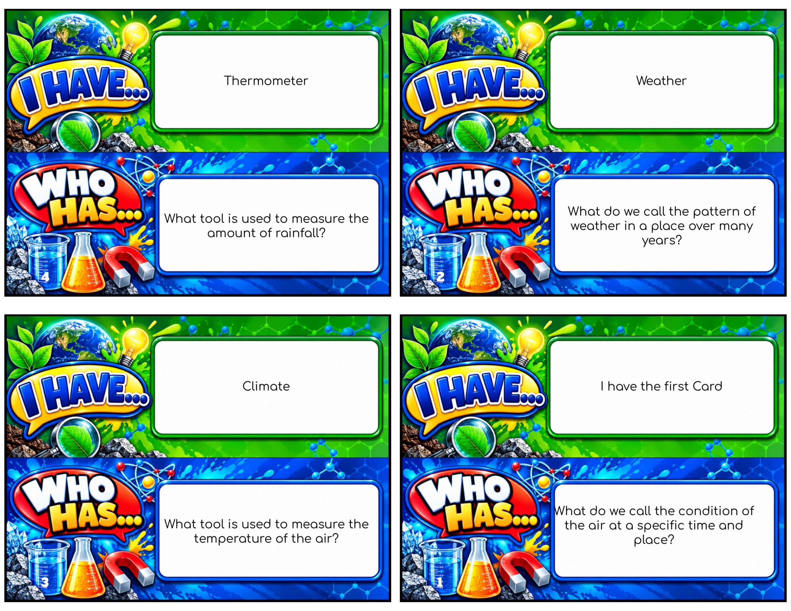 I Have... Who Has...? – Weather and Climate | 4 Interactive Science Review Games – 100 Cards