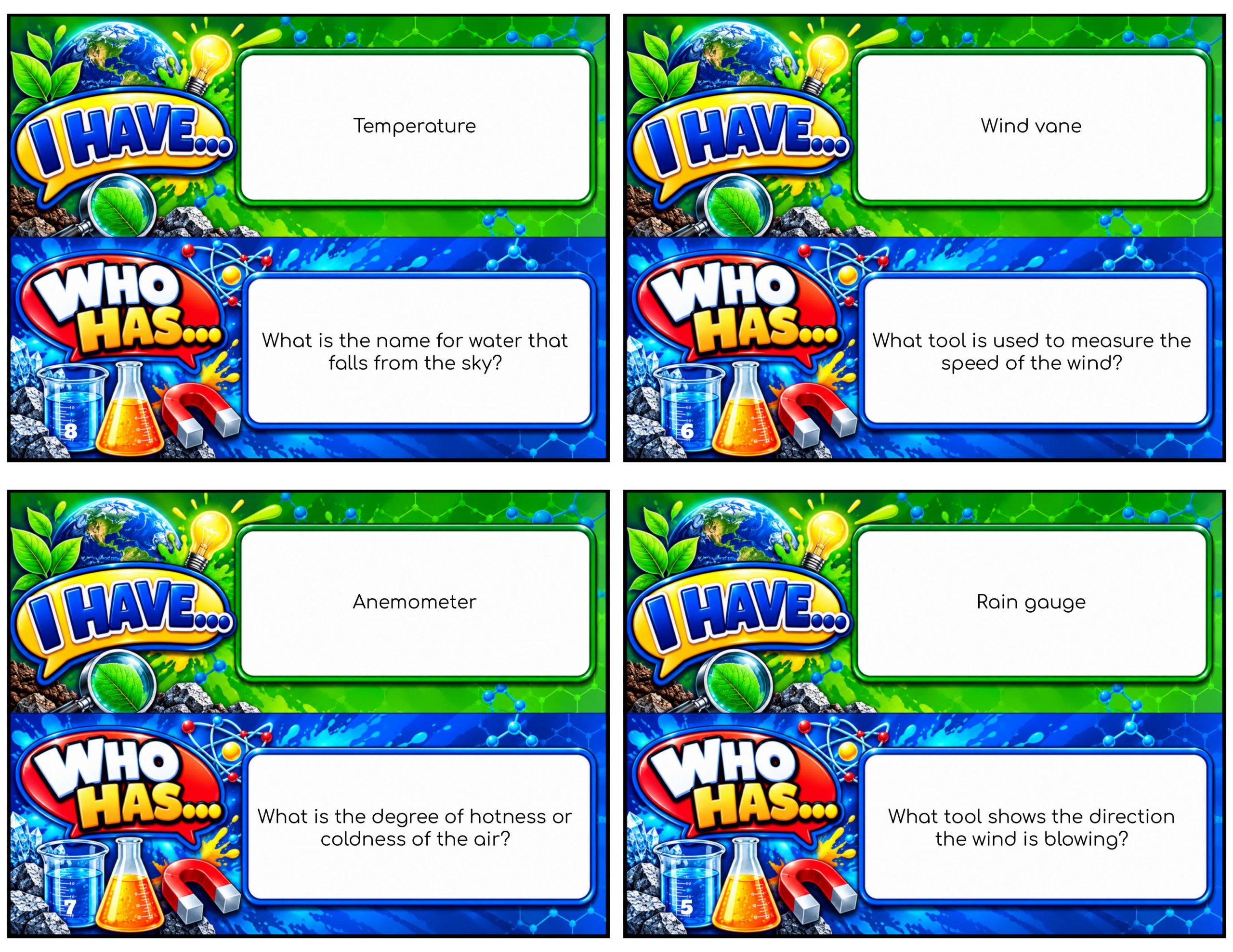 I Have... Who Has...? – Weather and Climate | 4 Interactive Science Review Games – 100 Cards