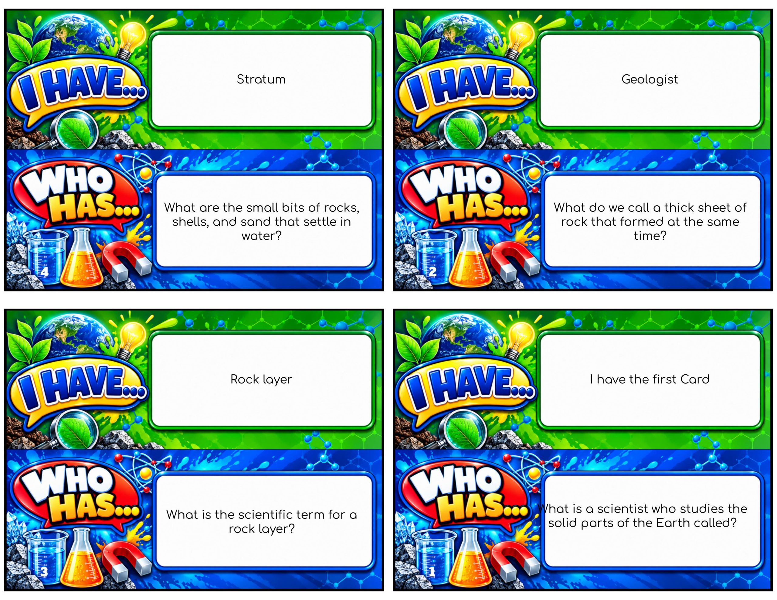 I Have... Who Has...? – Earth's Features | 4 Interactive Science Review Games – 100 Cards