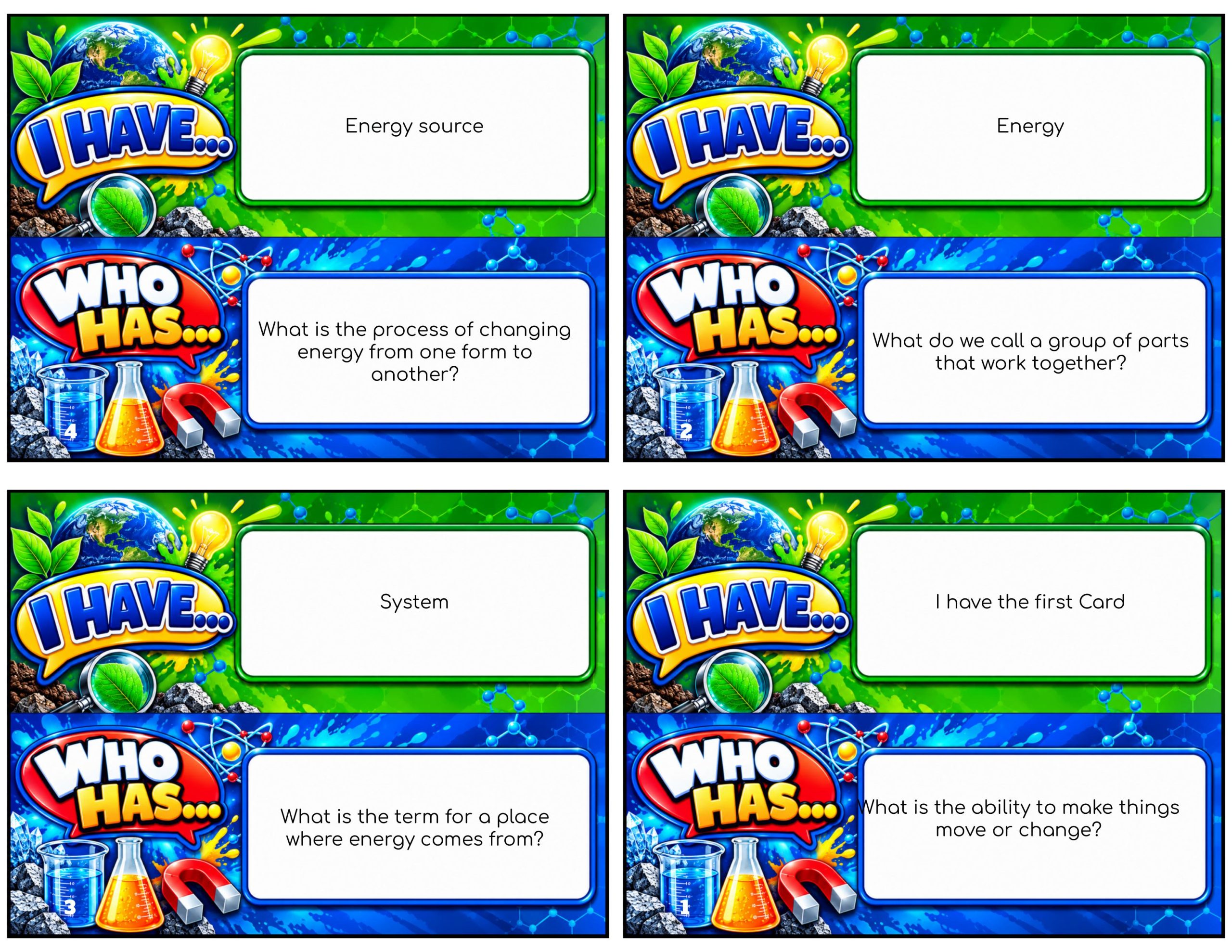 I Have... Who Has...? – Energy Conversions | 4 Interactive Science Review Games – 100 Cards