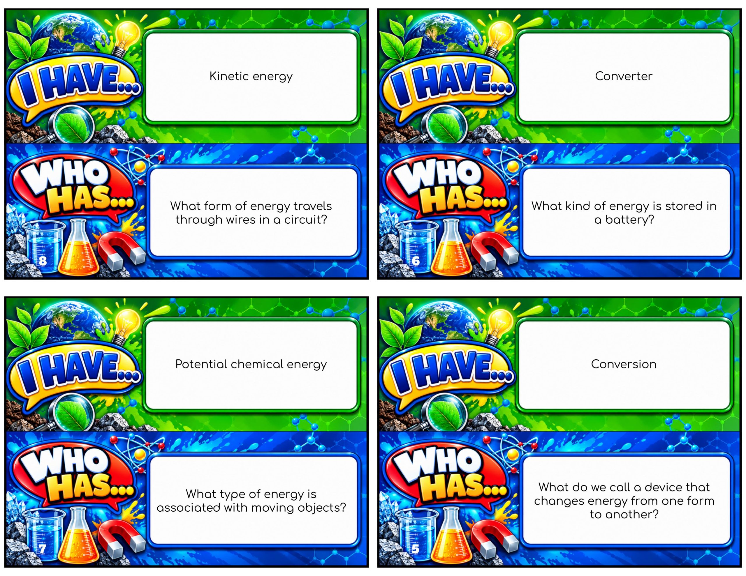 I Have... Who Has...? – Energy Conversions | 4 Interactive Science Review Games – 100 Cards
