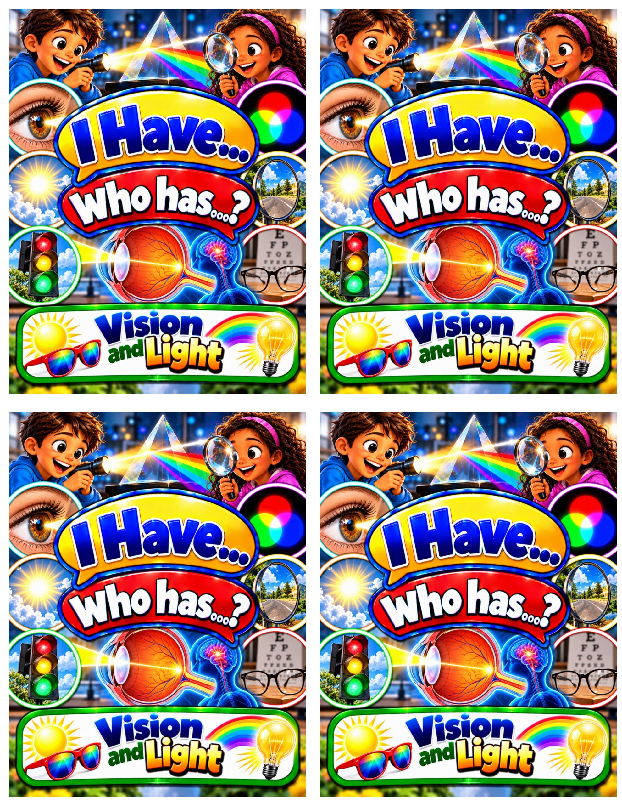 I Have... Who Has...? – Vision and Light | 4 Interactive Science Review Games – 100 Cards