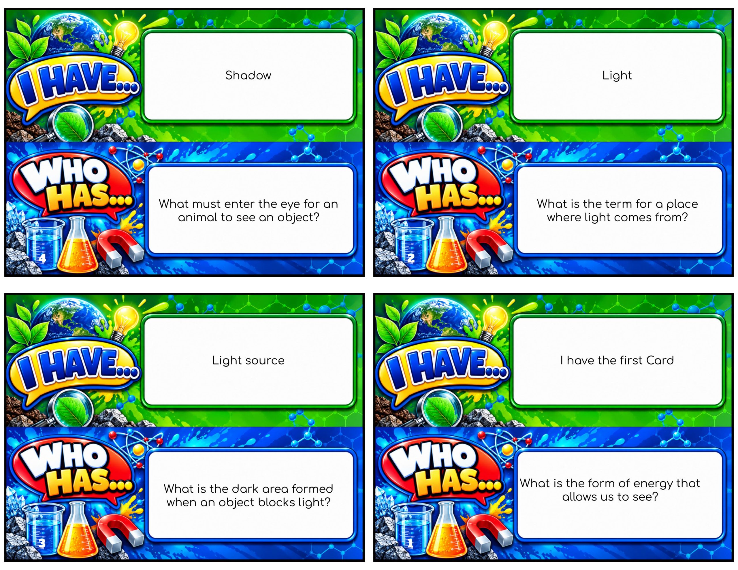 I Have... Who Has...? – Vision and Light | 4 Interactive Science Review Games – 100 Cards