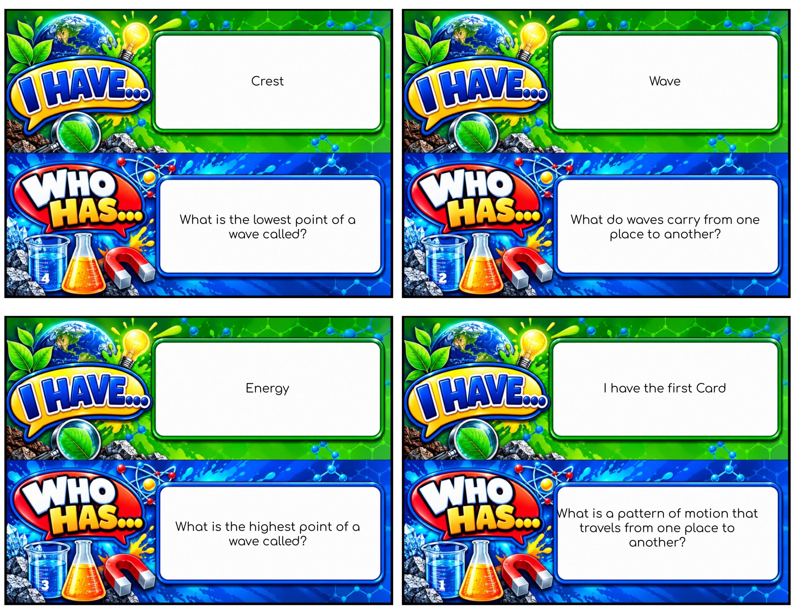 I Have... Who Has...? – Waves, Energy, and Information | 4 Interactive Science Review Games – 100 Cards