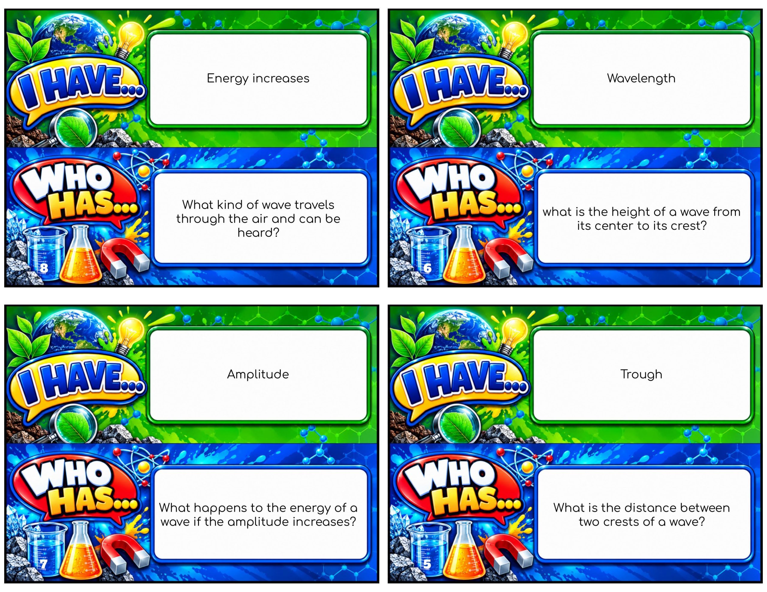 I Have... Who Has...? – Waves, Energy, and Information | 4 Interactive Science Review Games – 100 Cards