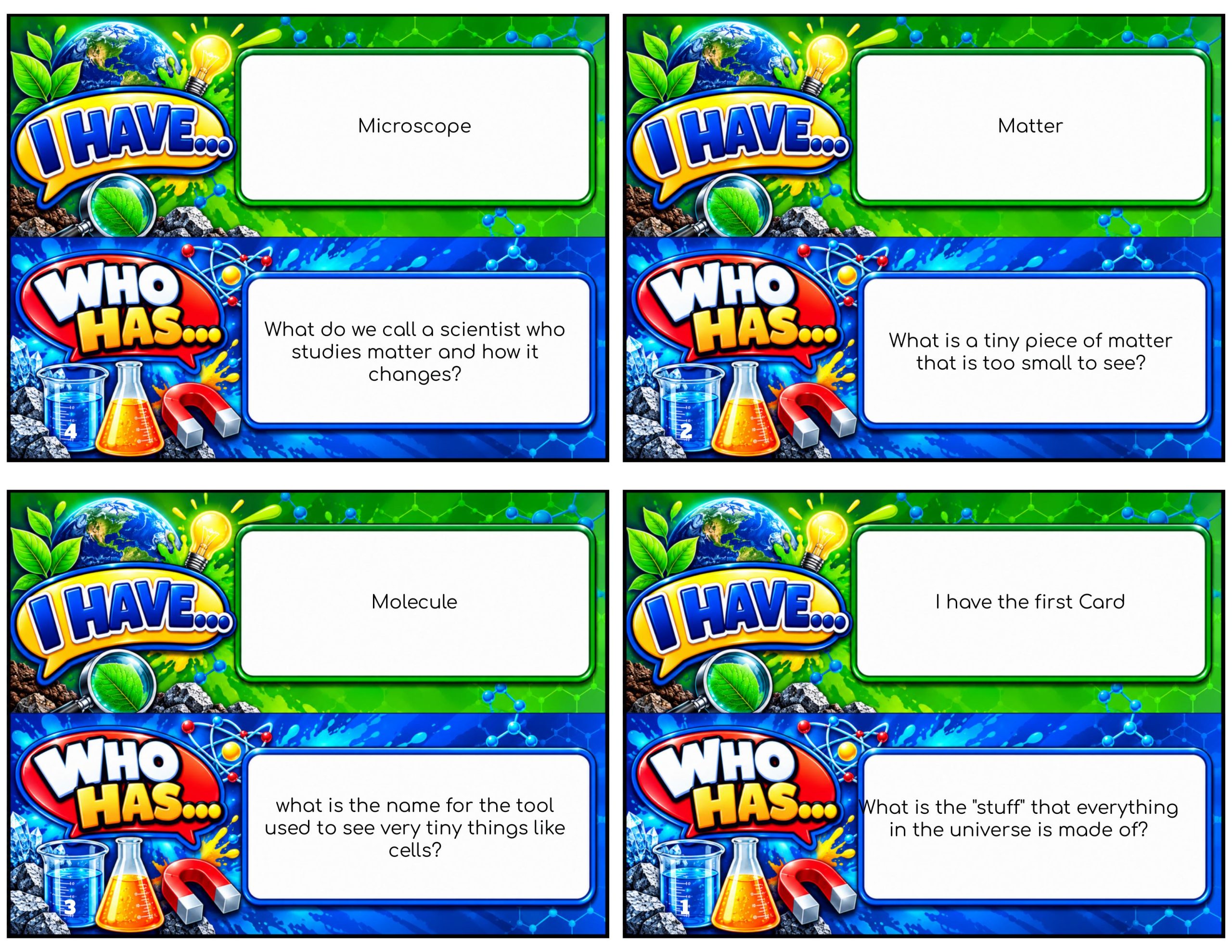 I Have... Who Has...? – Modeling Matter | 4 Interactive Science Review Games – 100 Cards