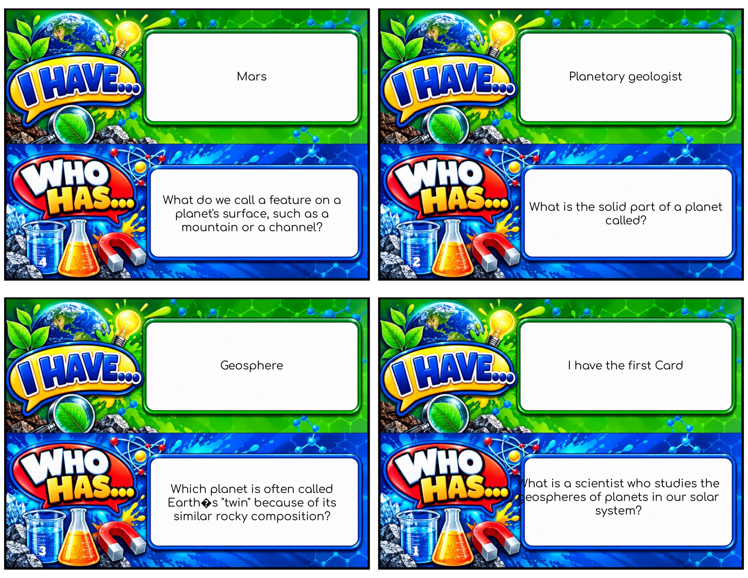 I Have... Who Has...? – Geology on Mars | 4 Interactive Science Review Games – 100 Cards