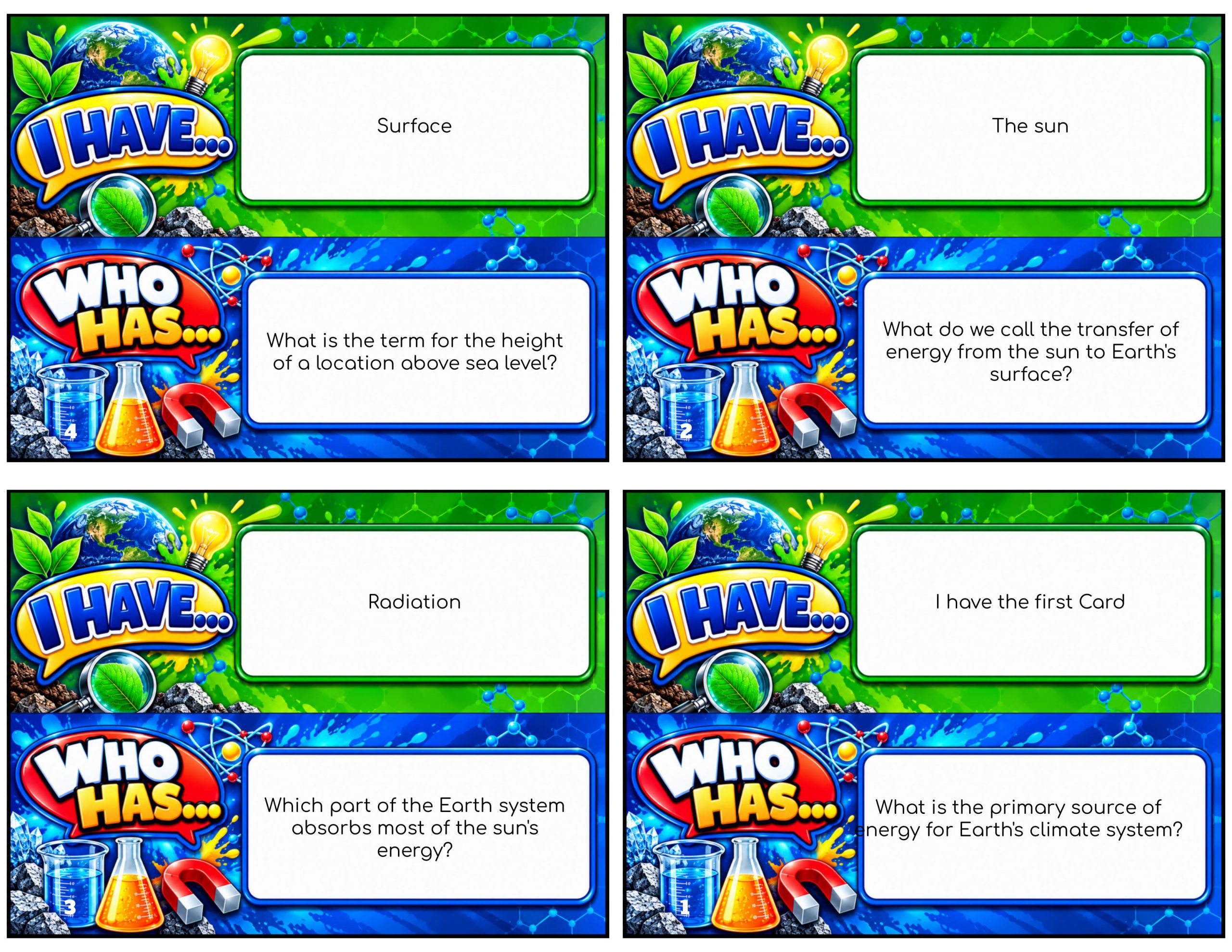 I Have... Who Has...? – Ocean, Atmosphere, and Climate | 4 Interactive Science Review Games – 100 Cards