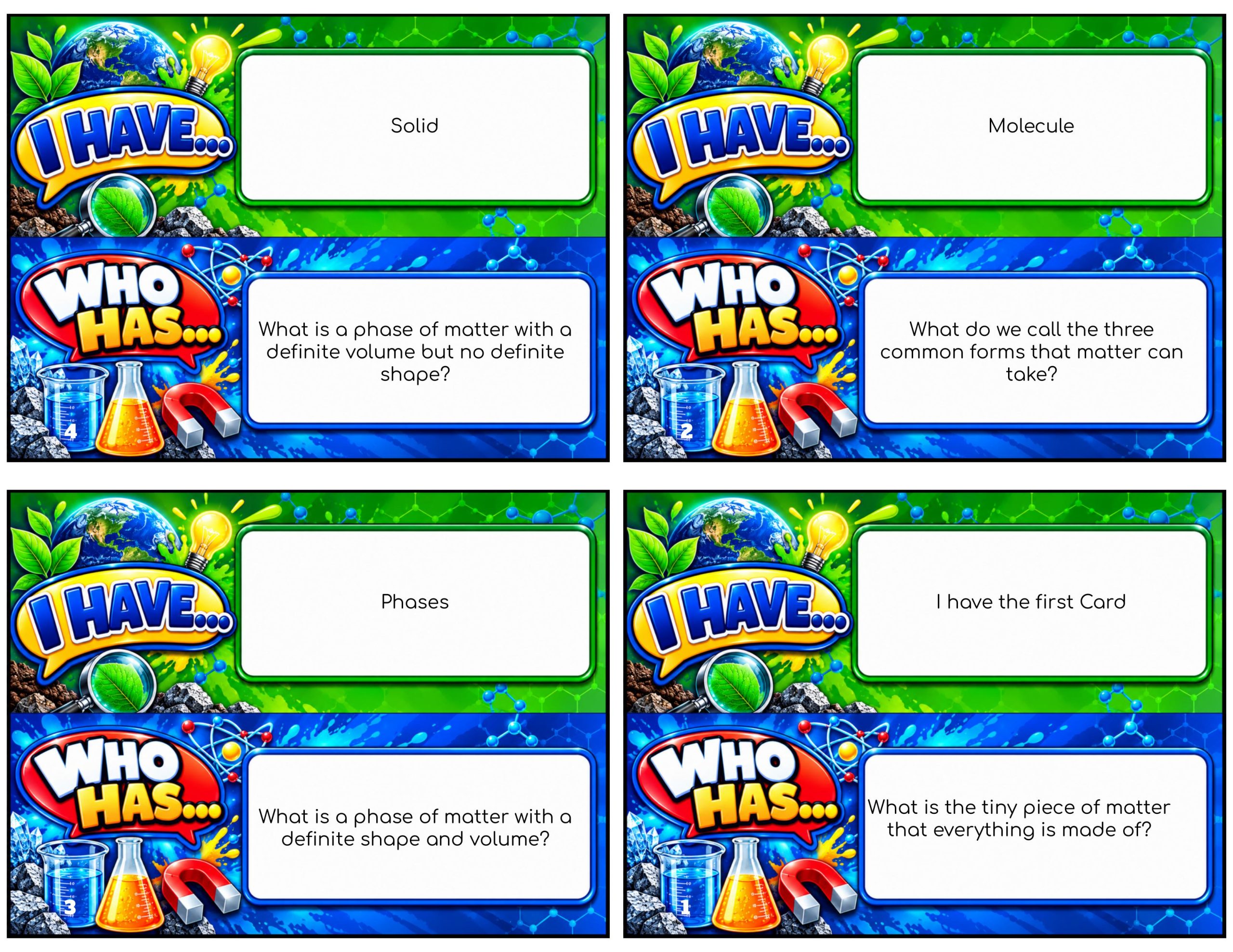 I Have... Who Has...? – Phase Change | 4 Interactive Science Review Games – 100 Cards