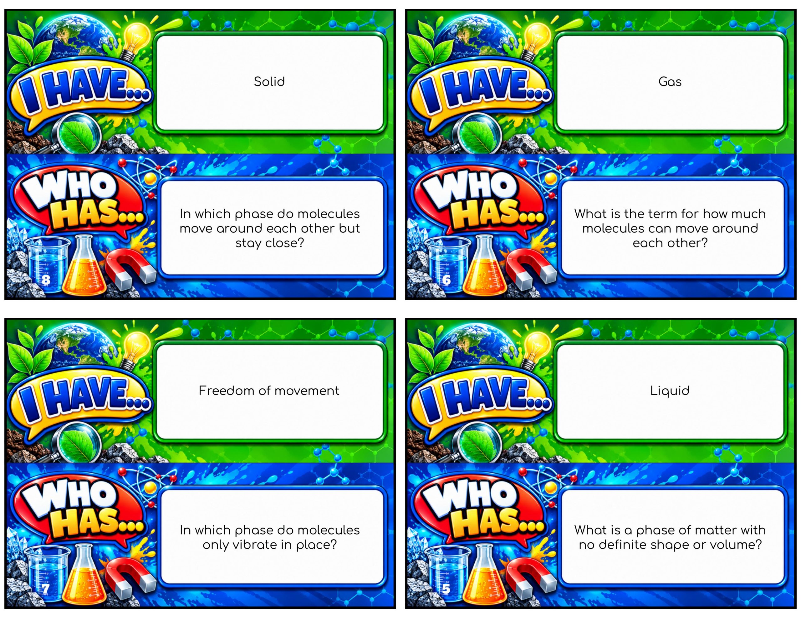 I Have... Who Has...? – Phase Change | 4 Interactive Science Review Games – 100 Cards