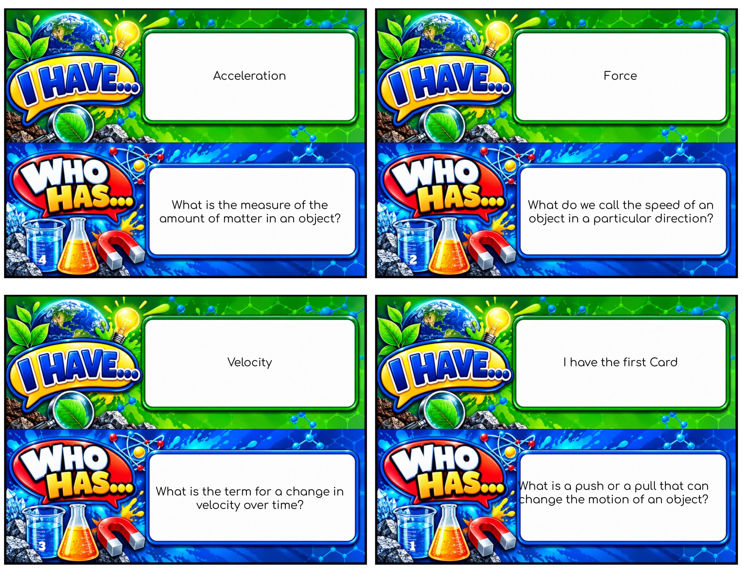 I Have... Who Has...? – Force and Motion | 4 Interactive Science Review Games – 100 Cards