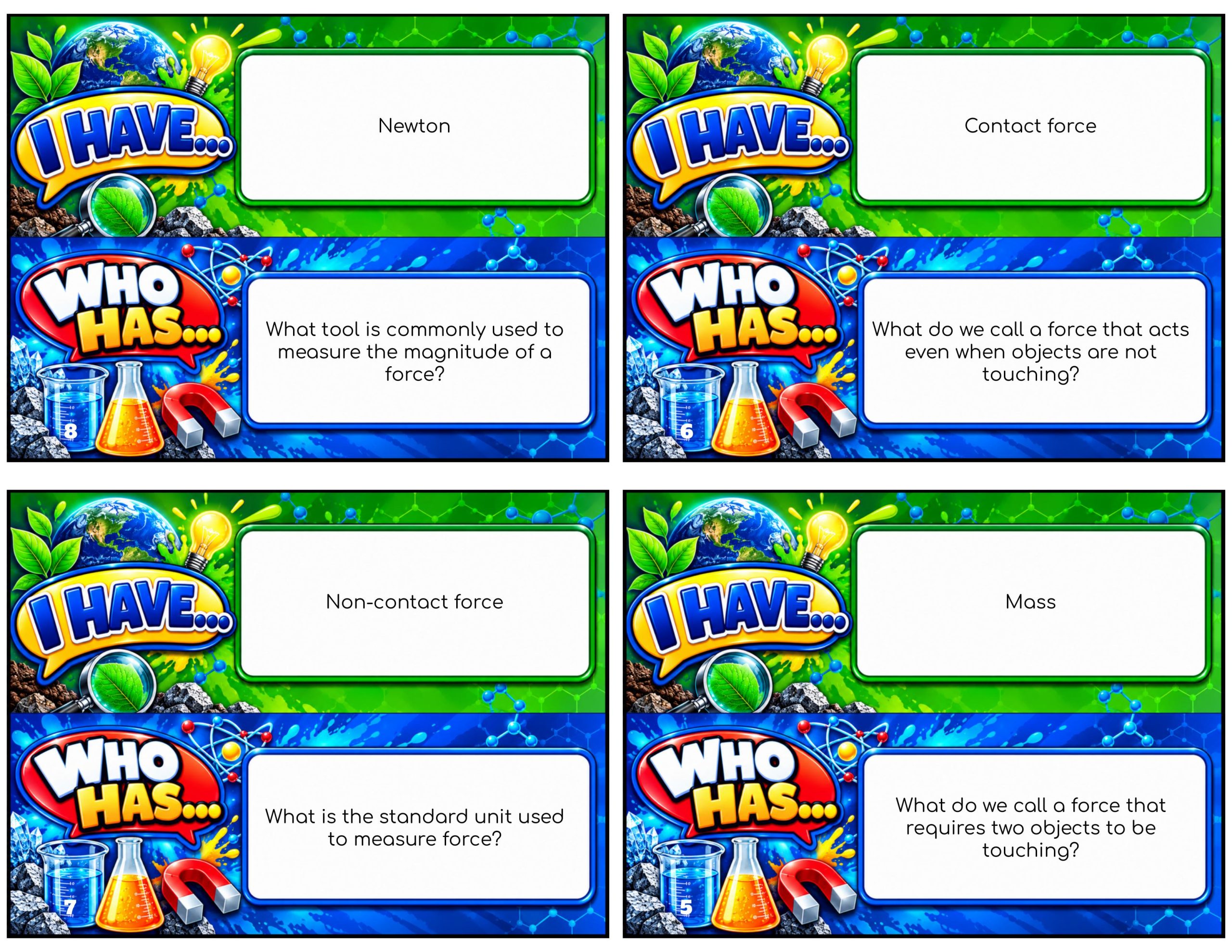 I Have... Who Has...? – Force and Motion | 4 Interactive Science Review Games – 100 Cards