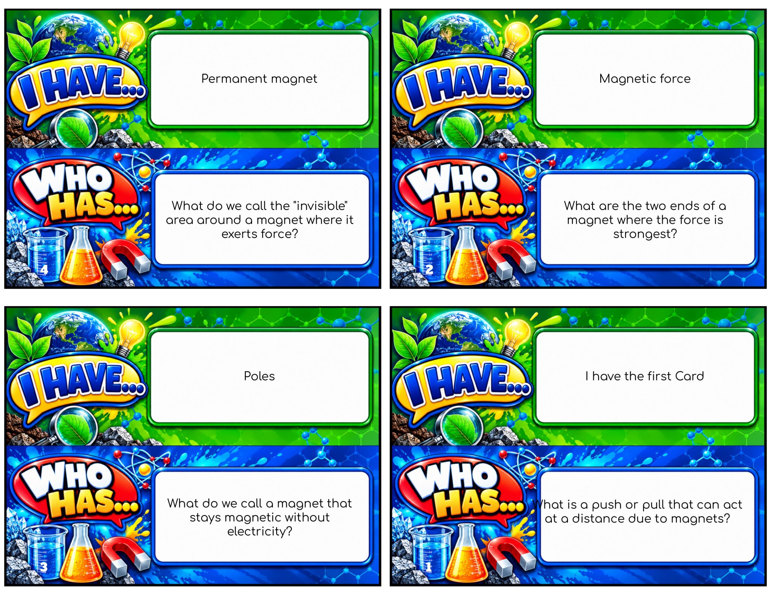 I Have... Who Has...? – Magnetic Fields | 4 Interactive Science Review Games – 100 Cards