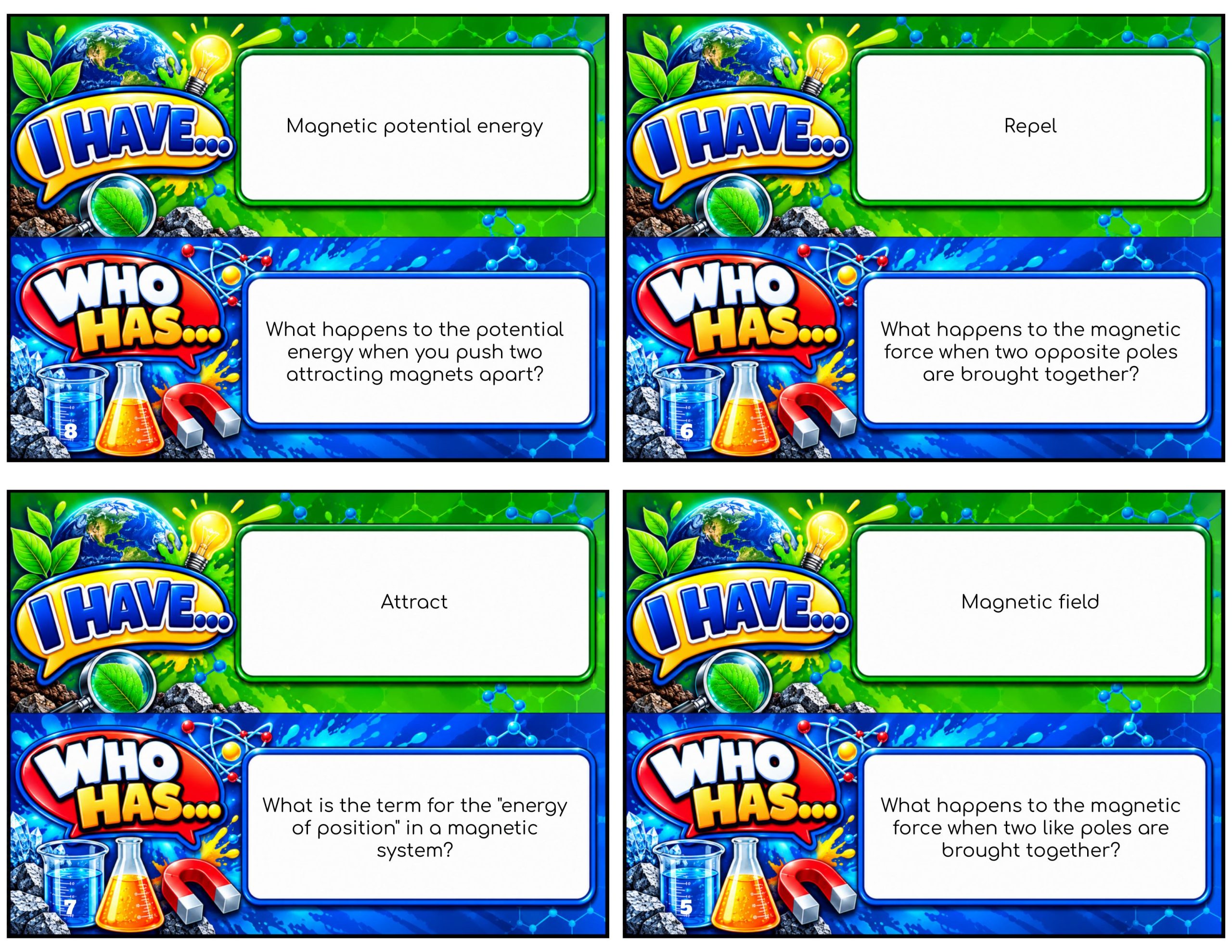 I Have... Who Has...? – Magnetic Fields | 4 Interactive Science Review Games – 100 Cards