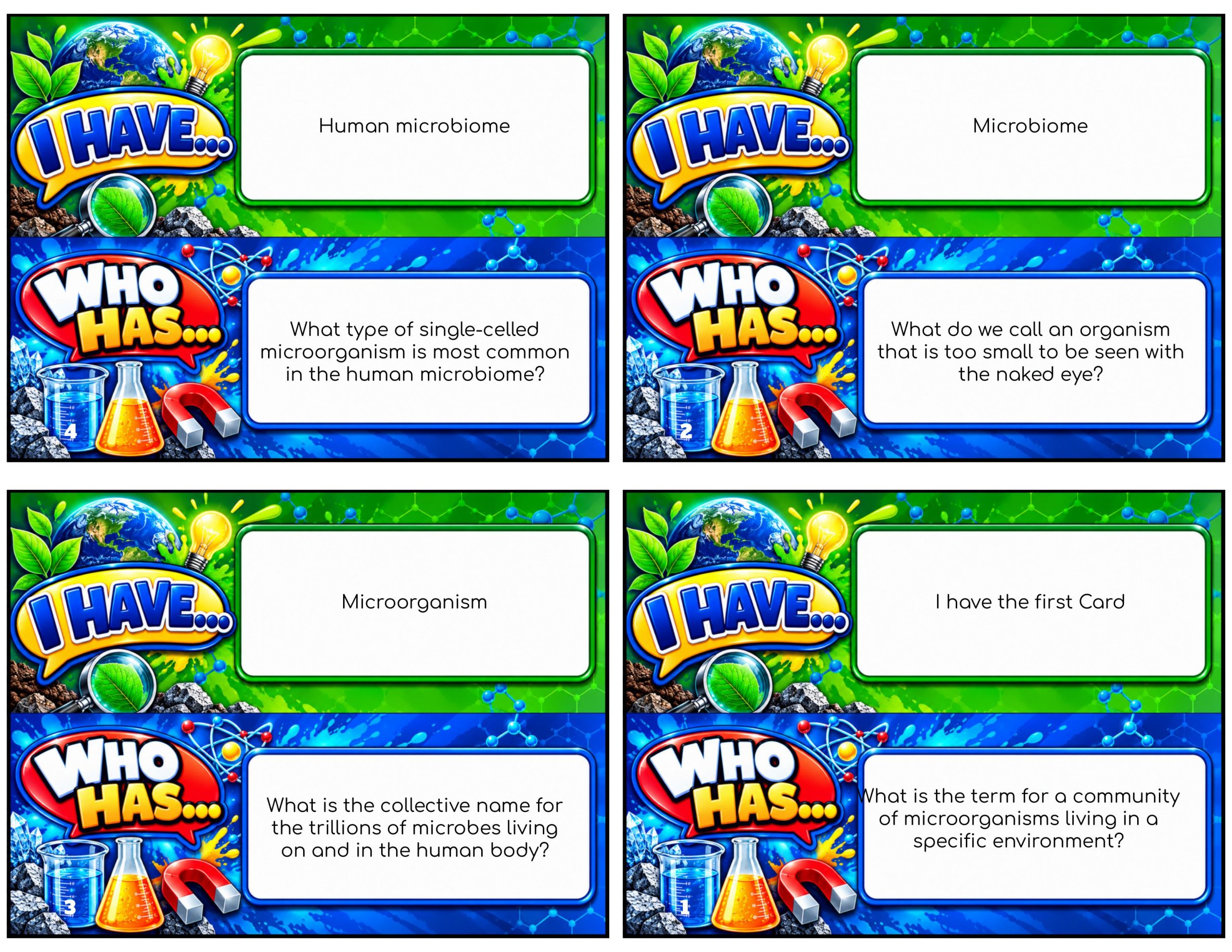 I Have... Who Has...? – Microbiome | 4 Interactive Science Review Games – 100 Cards