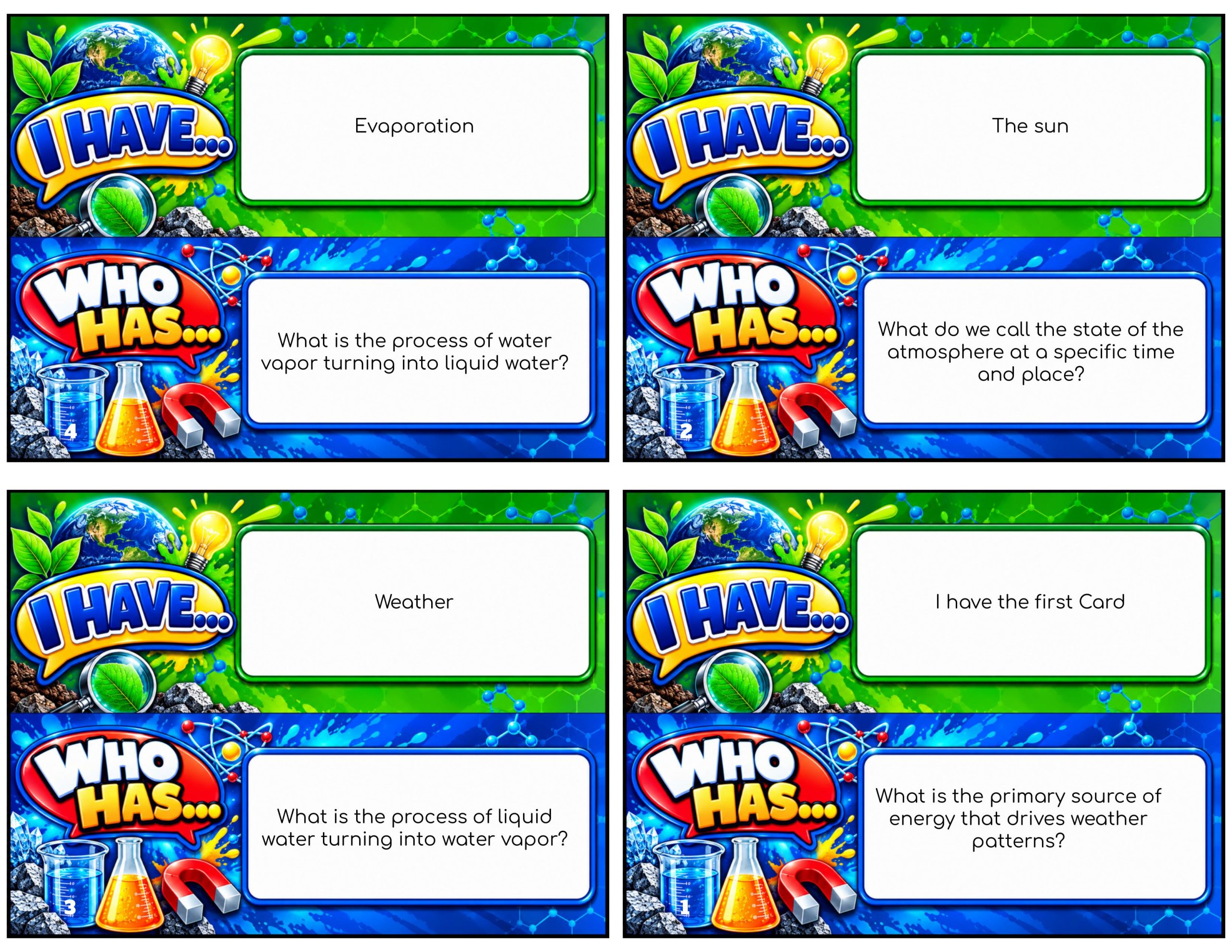 I Have... Who Has...? – Weather Patterns | 4 Interactive Science Review Games – 100 Cards