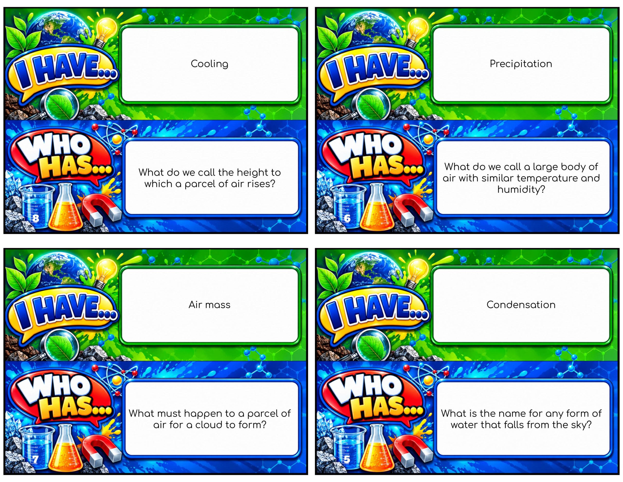 I Have... Who Has...? – Weather Patterns | 4 Interactive Science Review Games – 100 Cards