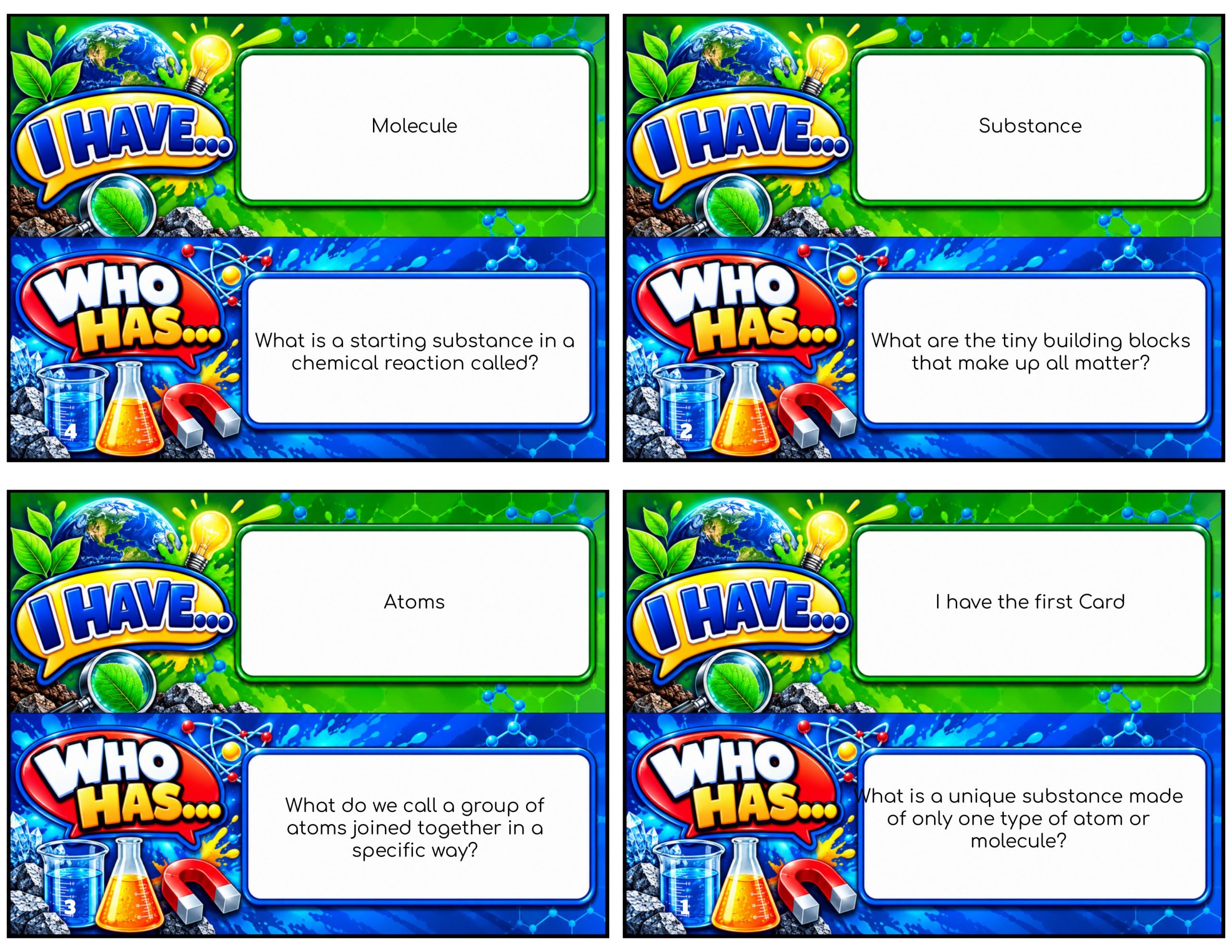 I Have... Who Has...? – Chemical Reactions | 4 Interactive Science Review Games – 100 Cards