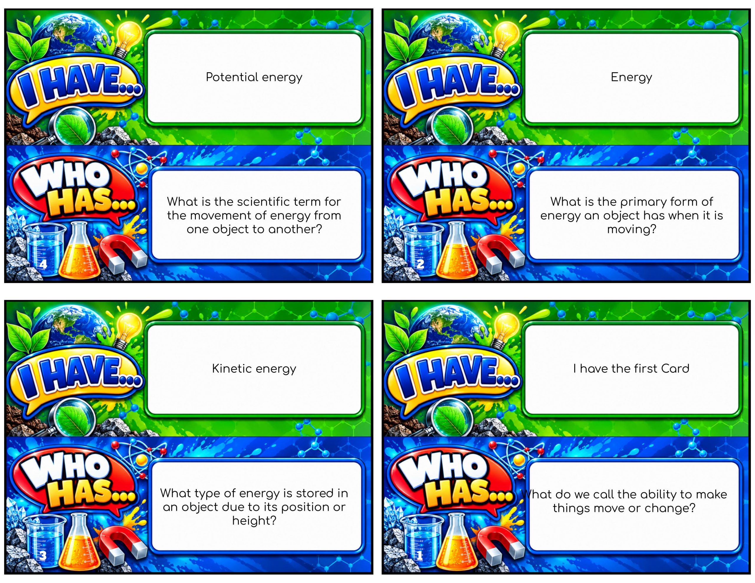 I Have... Who Has...? – Harnessing Human Energy | 4 Interactive Science Review Games – 100 Cards