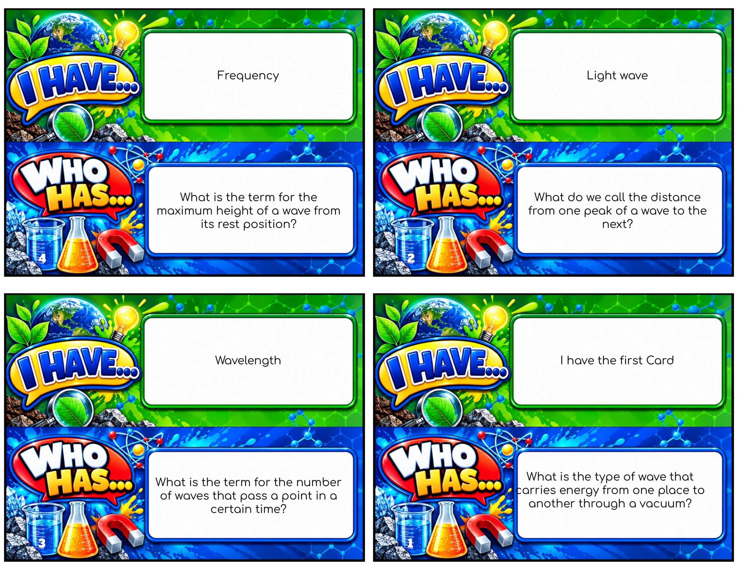 I Have... Who Has...? – Light Waves | 4 Interactive Science Review Games – 100 Cards