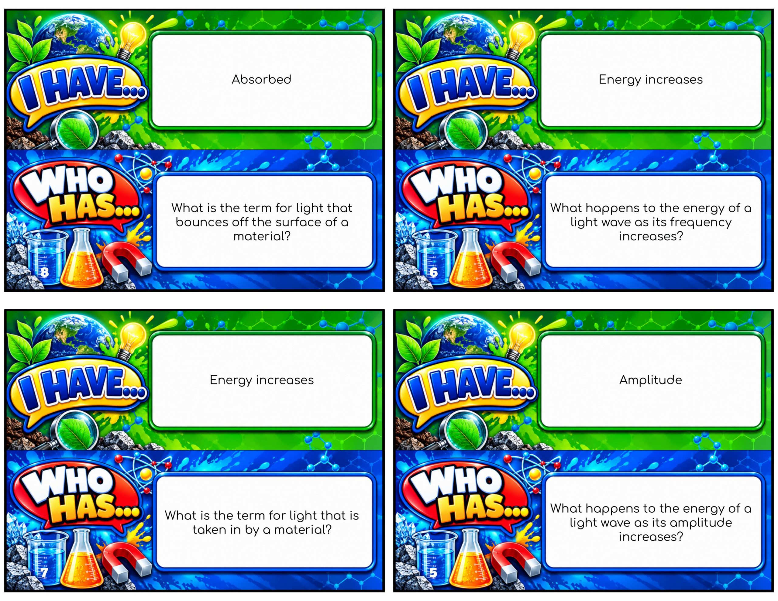 I Have... Who Has...? – Light Waves | 4 Interactive Science Review Games – 100 Cards
