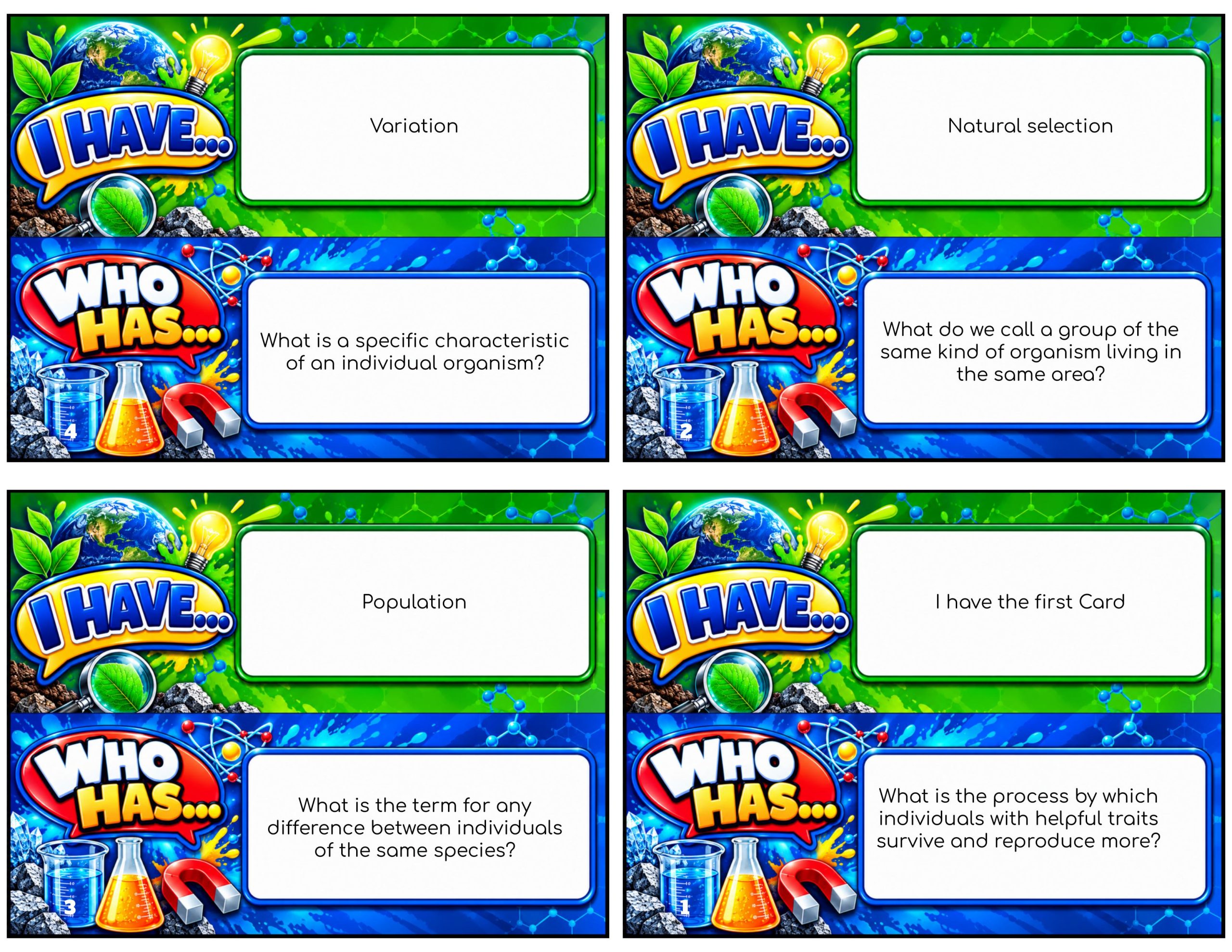 I Have... Who Has...? – Natural Selection | 4 Interactive Science Review Games – 100 Cards