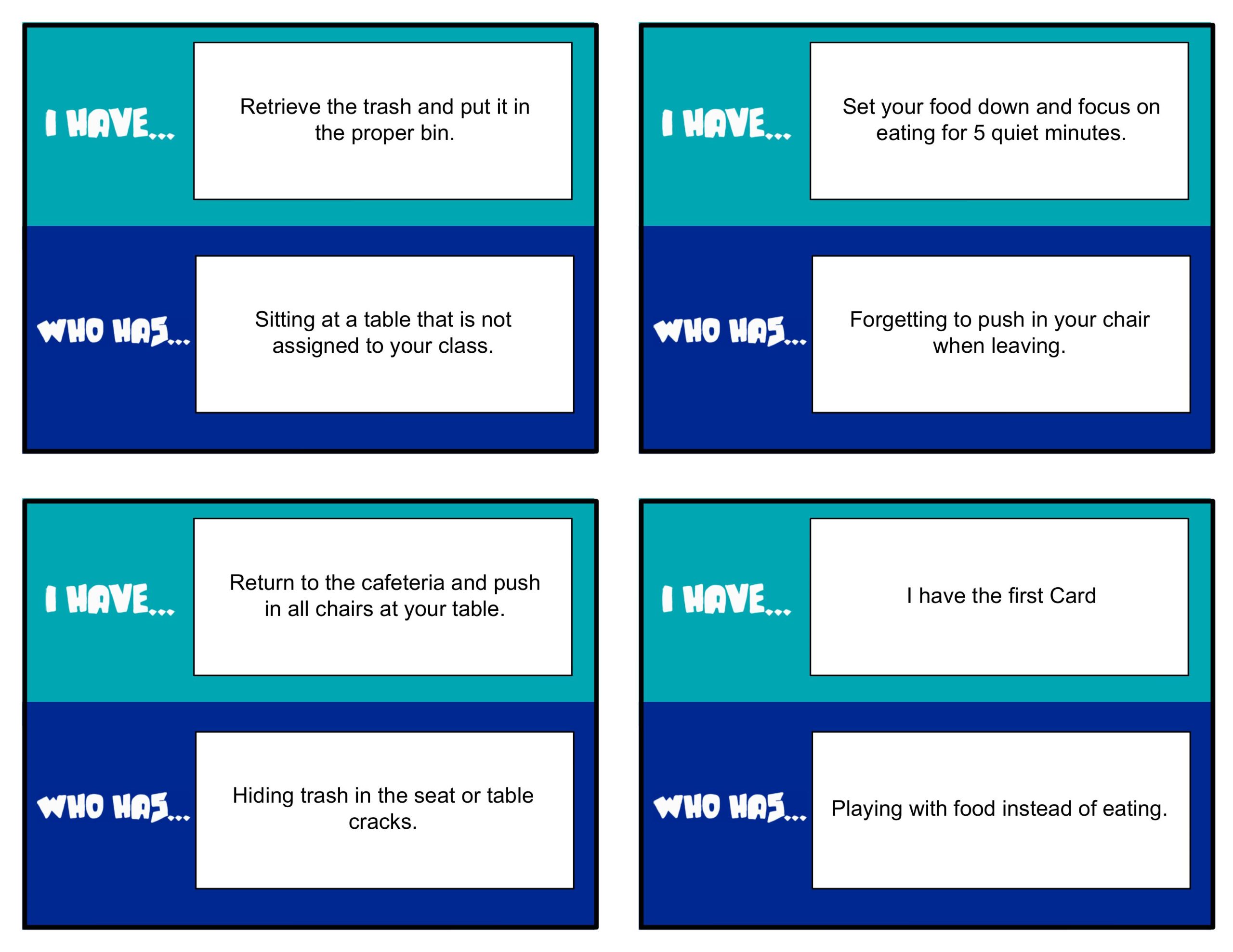 PBIS I Have... Who Has? Cafeteria Edition | Behavior Expectations Card Game