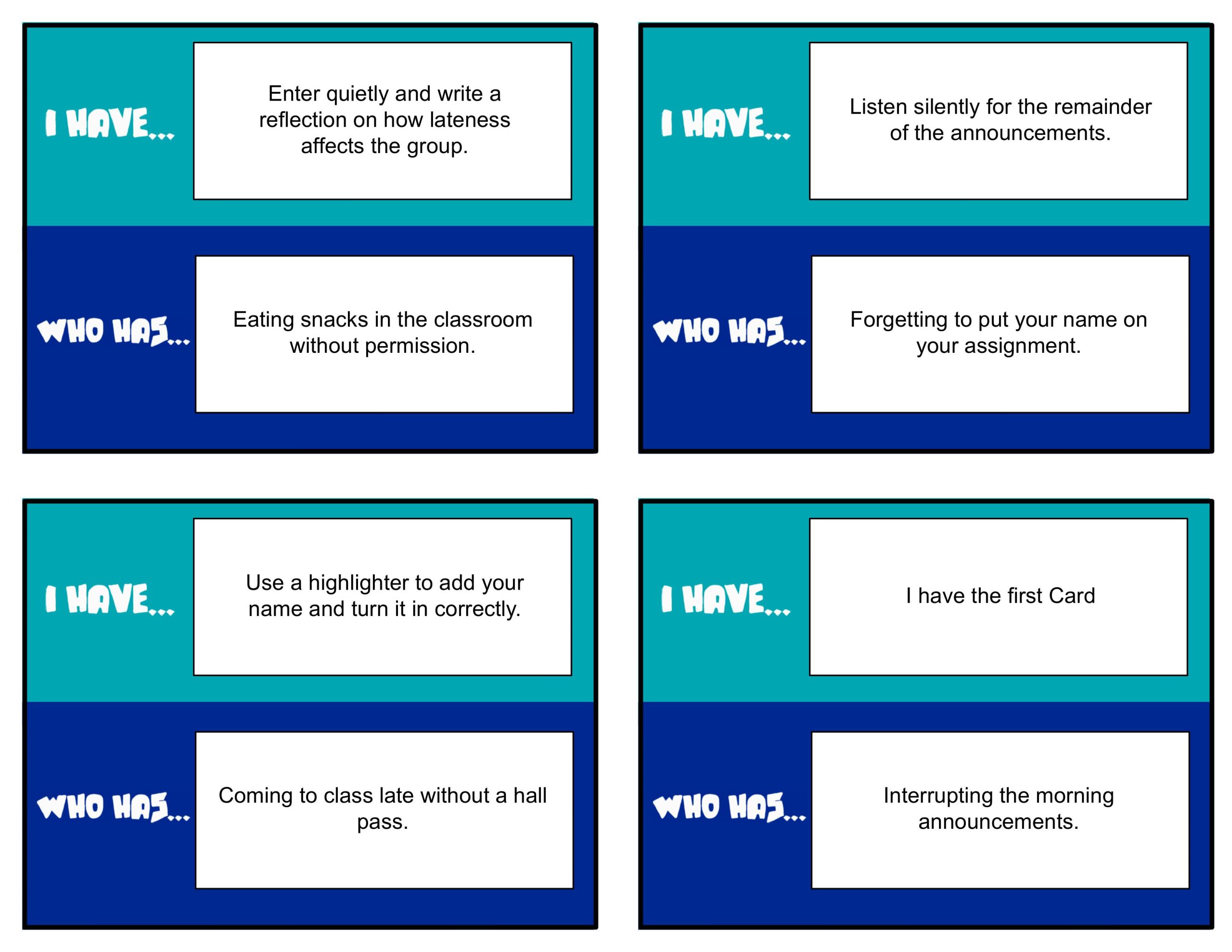 PBIS I Have... Who Has? Classroom Edition | Behavior Expectations Card Game