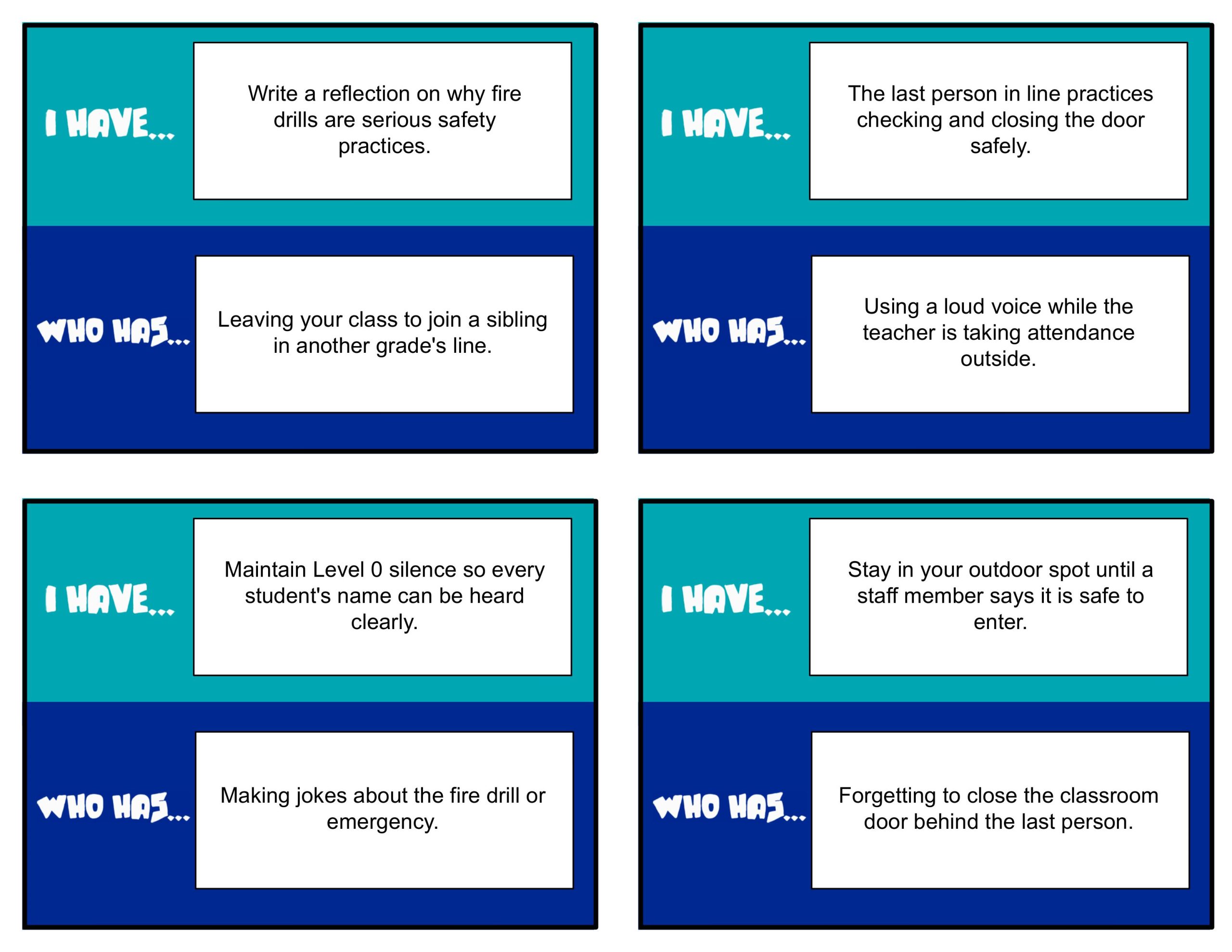 PBIS I Have... Who Has? Fire Drill Edition | Emergency Safety Expectations Game