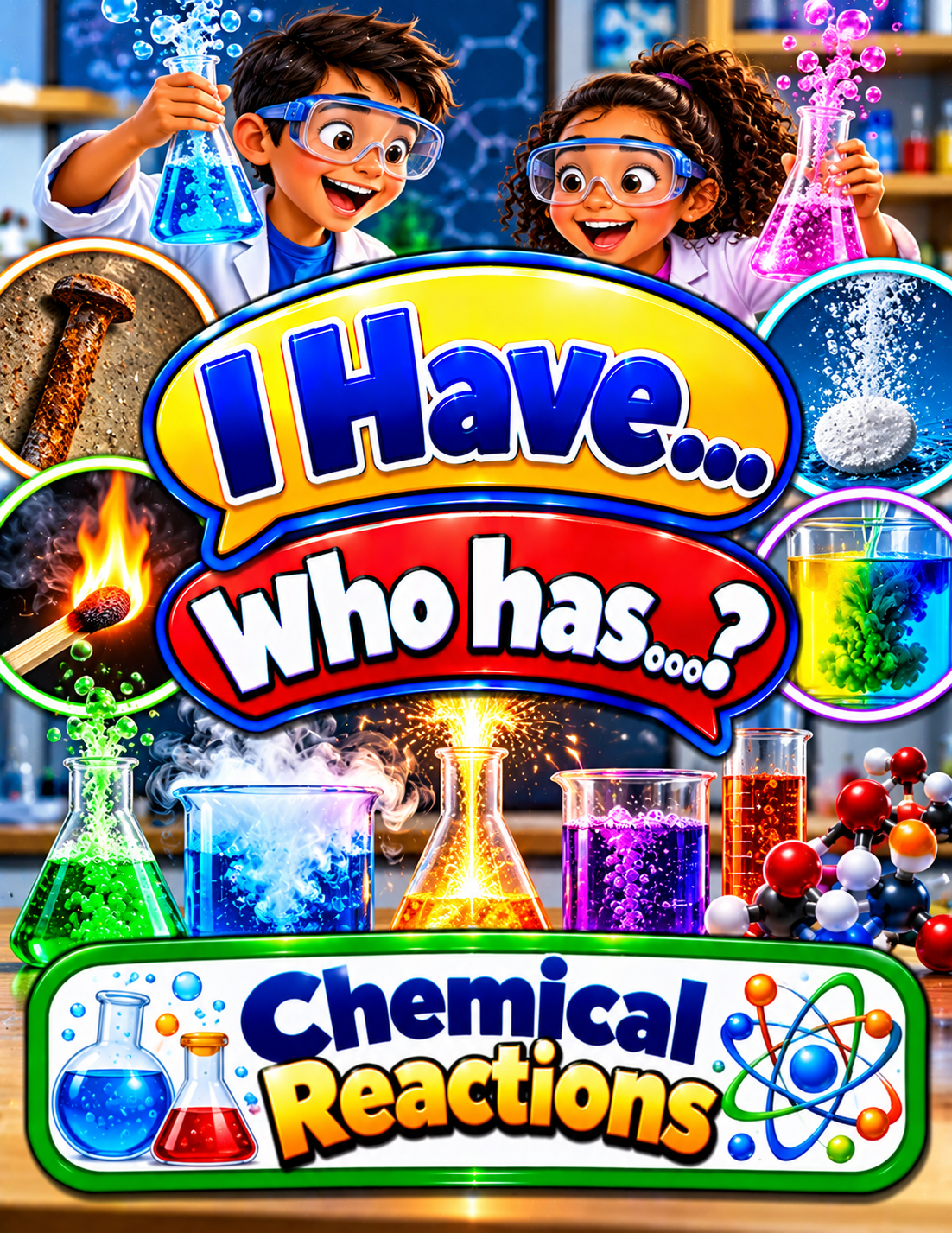 I Have... Who Has...? – Chemical Reactions | 4 Interactive Science Review Games – 100 Cards cover