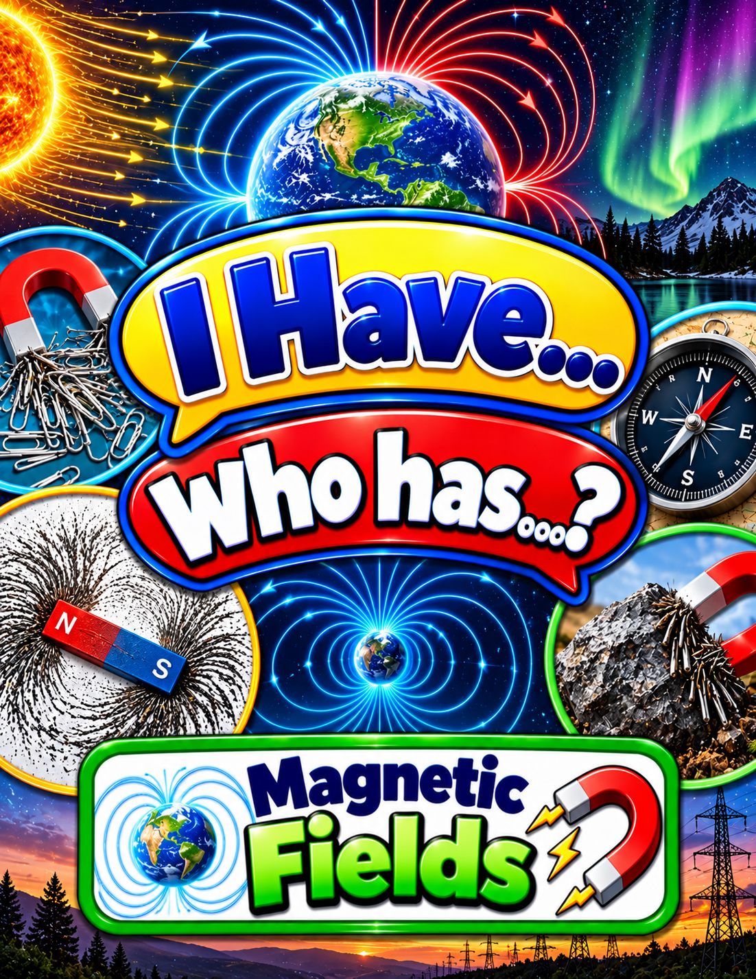 I Have... Who Has...? – Magnetic Fields | 4 Interactive Science Review Games – 100 Cards cover