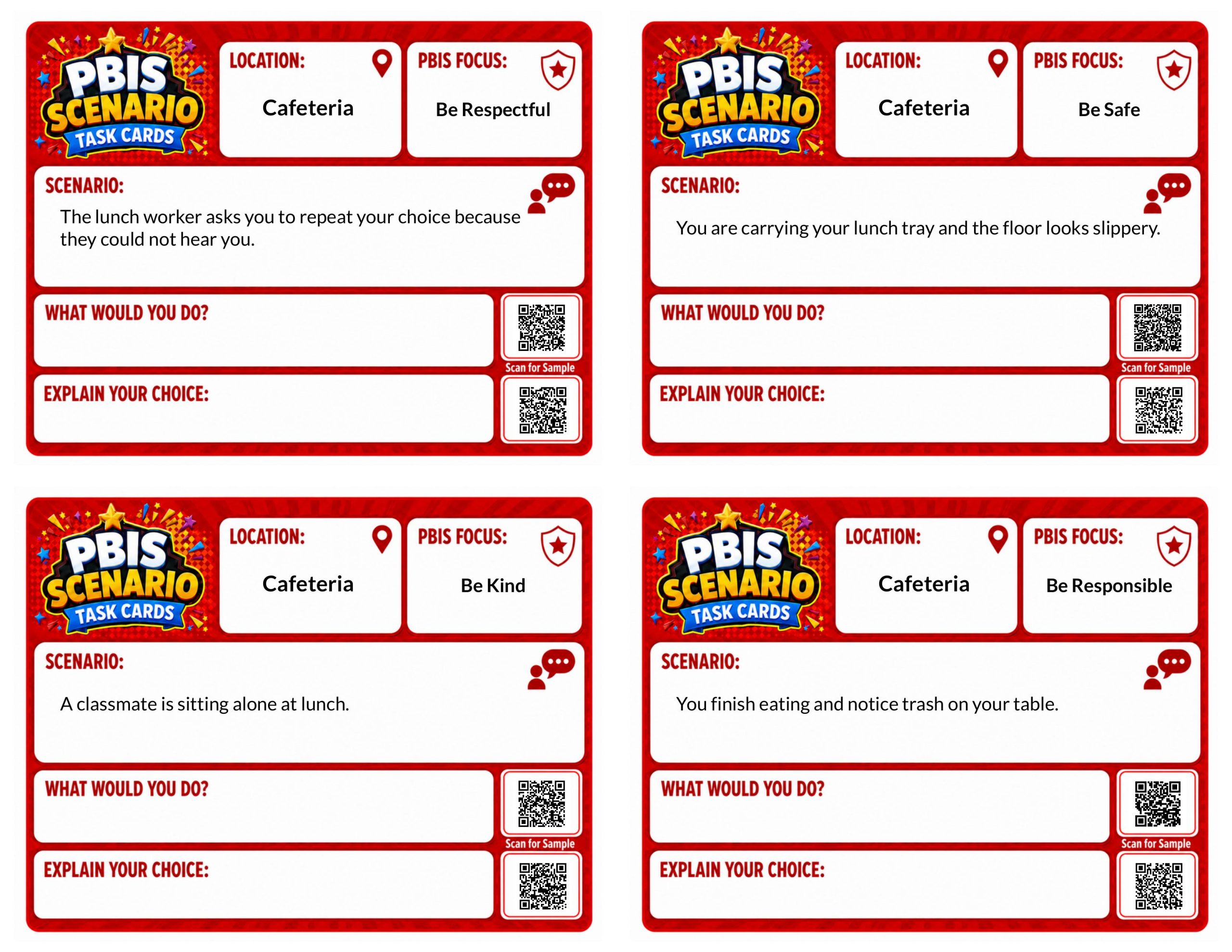 PBIS Scenario Task Cards: Cafeteria Edition